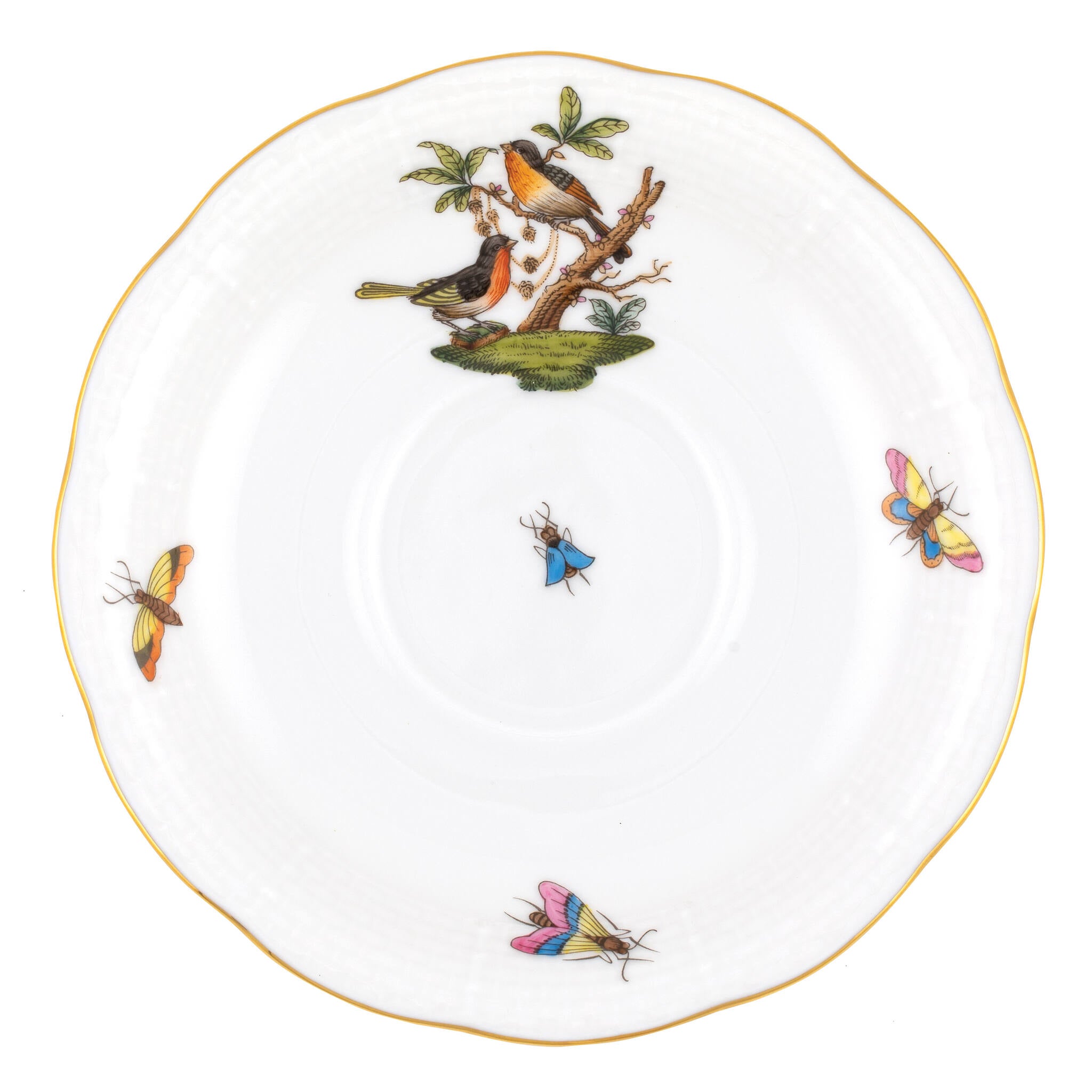 Hand-painted Herend Rothschild Bird Tea Saucer Cup & Saucer Set in fine porcelain, 6in D,, Motif 8, on a white background
