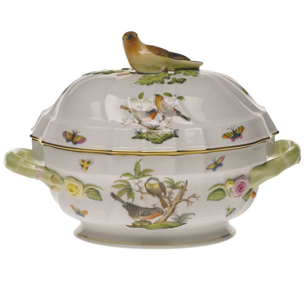 Hand-painted Herend Rothschild Bird Tureen with Bird in fine porcelain, (4 QT) 10in H, on a white background