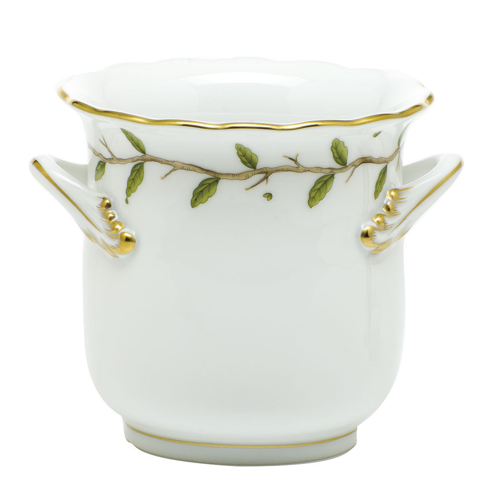 Hand-painted Herend Rothschild Garden Mini Cachepot with Handles in fine porcelain, 4.75in L X 3.75in H, on a white background