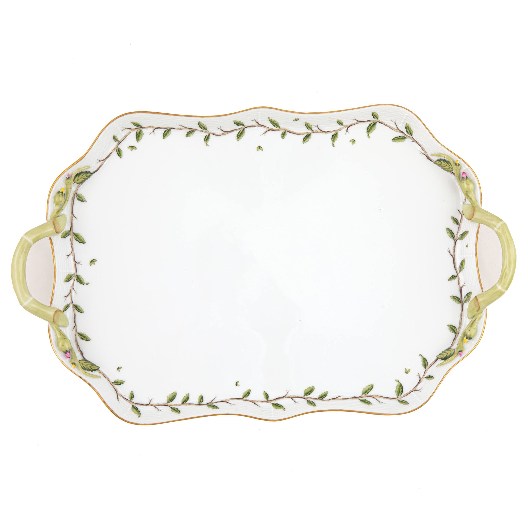 Hand-painted Herend Rothschild Garden Rec Tray with Branch Handles in fine porcelain, 18in L, on a white background