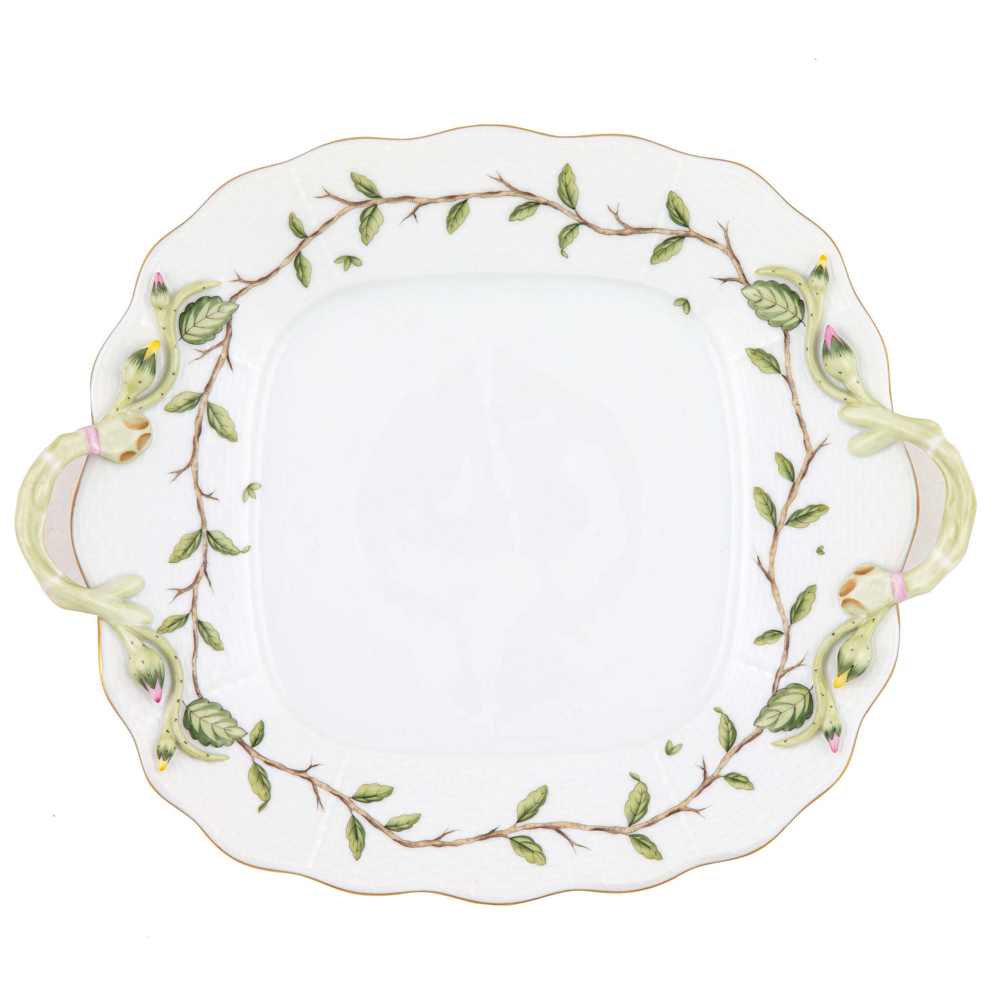 Hand-painted Herend Rothschild Garden Square Cake Plate with Handles in fine porcelain, 9.5in SQ, on a white background