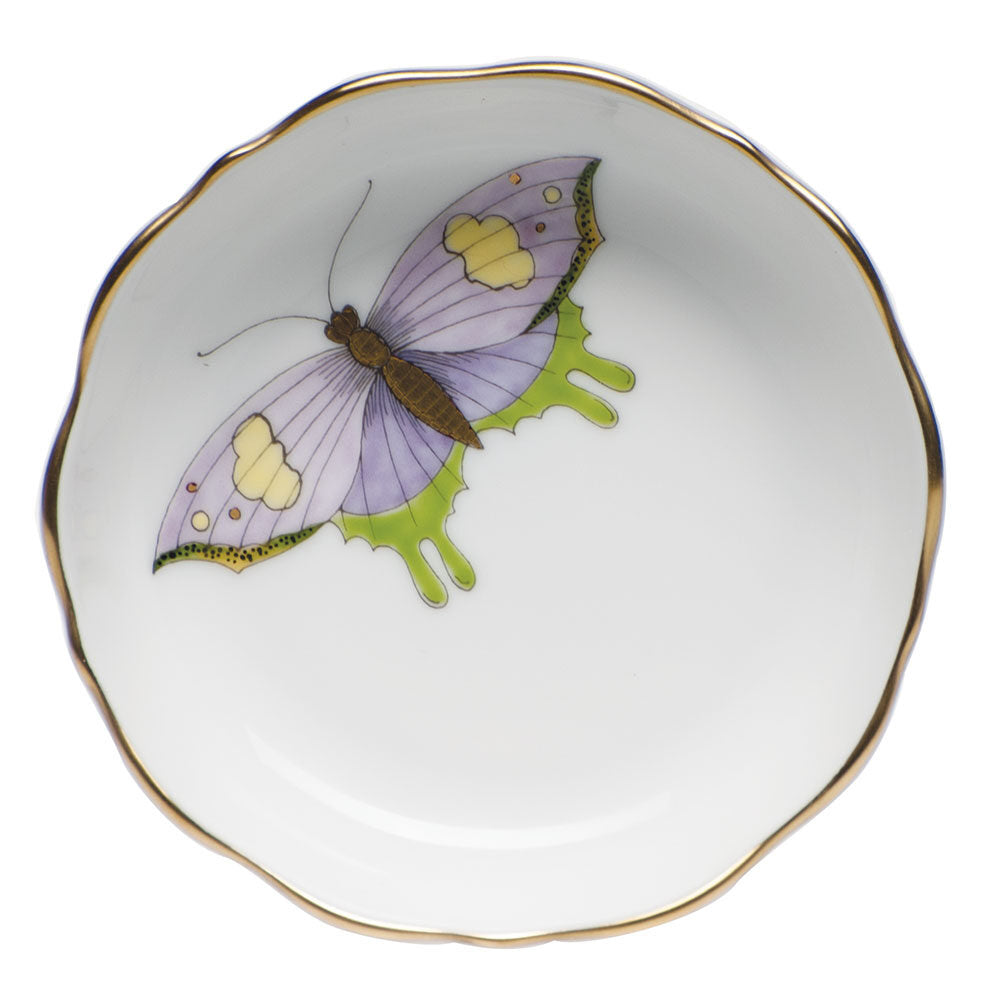 Hand-painted Herend Royal Garden Butterflies Mini Scalloped Dish Decorative Plate in fine porcelain, 3.25in L X 0.75in H, on a white background