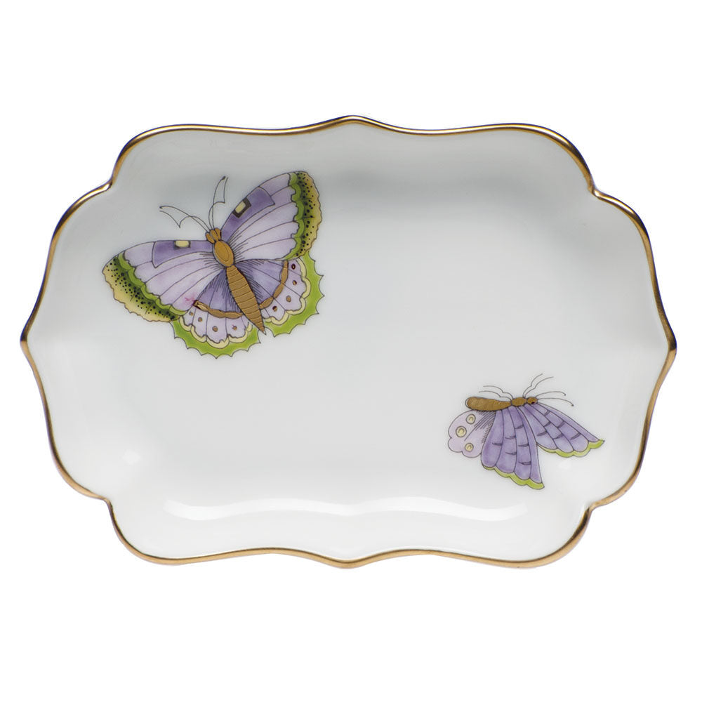 Hand-painted Herend Royal Garden Butterflies Mini Scalloped Tray Decorative Plate in fine porcelain, 4.25in L X 3in W, on a white background