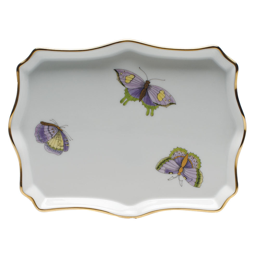 Hand-painted Herend Royal Garden Butterflies Small Tray Decorative Plate in fine porcelain, 7.5in L X 5.5in W, on a white background
