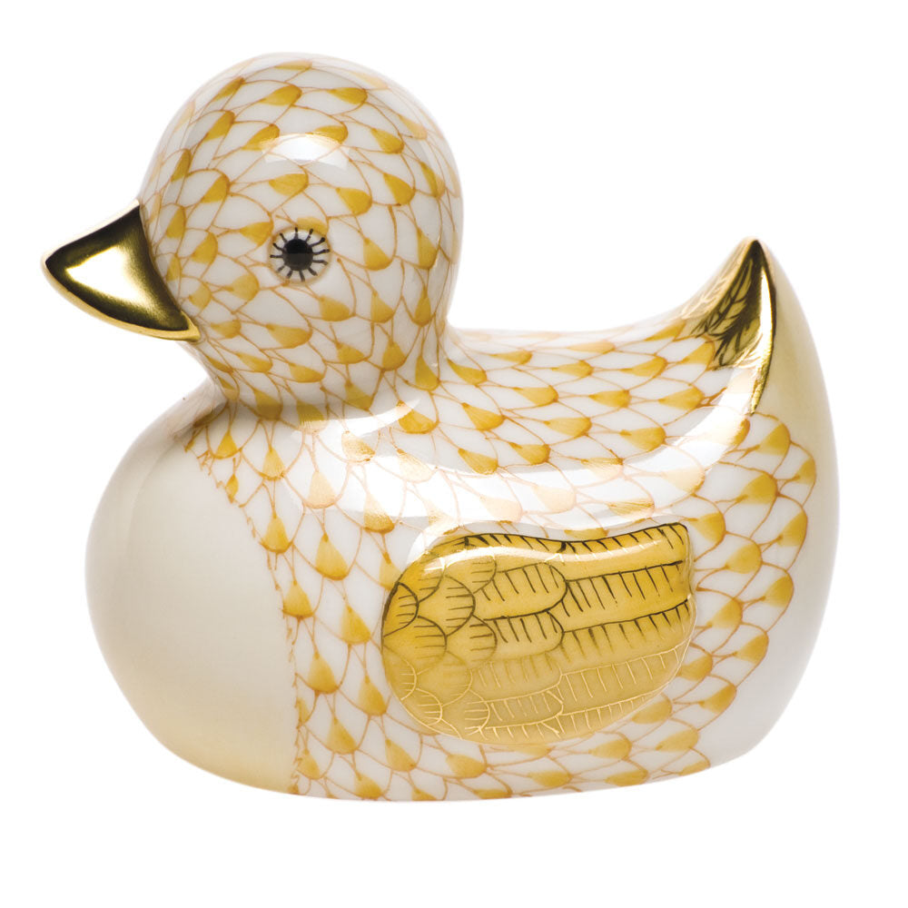 Hand-painted Herend Rubber Ducky Figurine in fine porcelain, 2.75in L X 2.5in H, on a white background