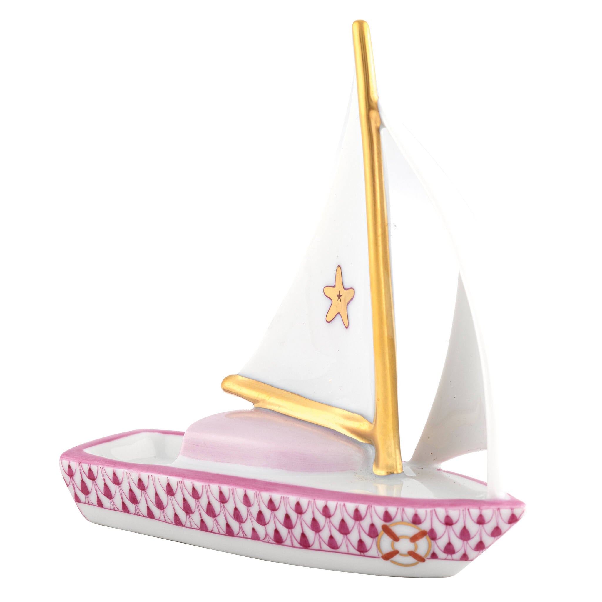 Herend Sailboat At Sea Figurine porcelain figurine painted in the Raspberry fishnet pattern