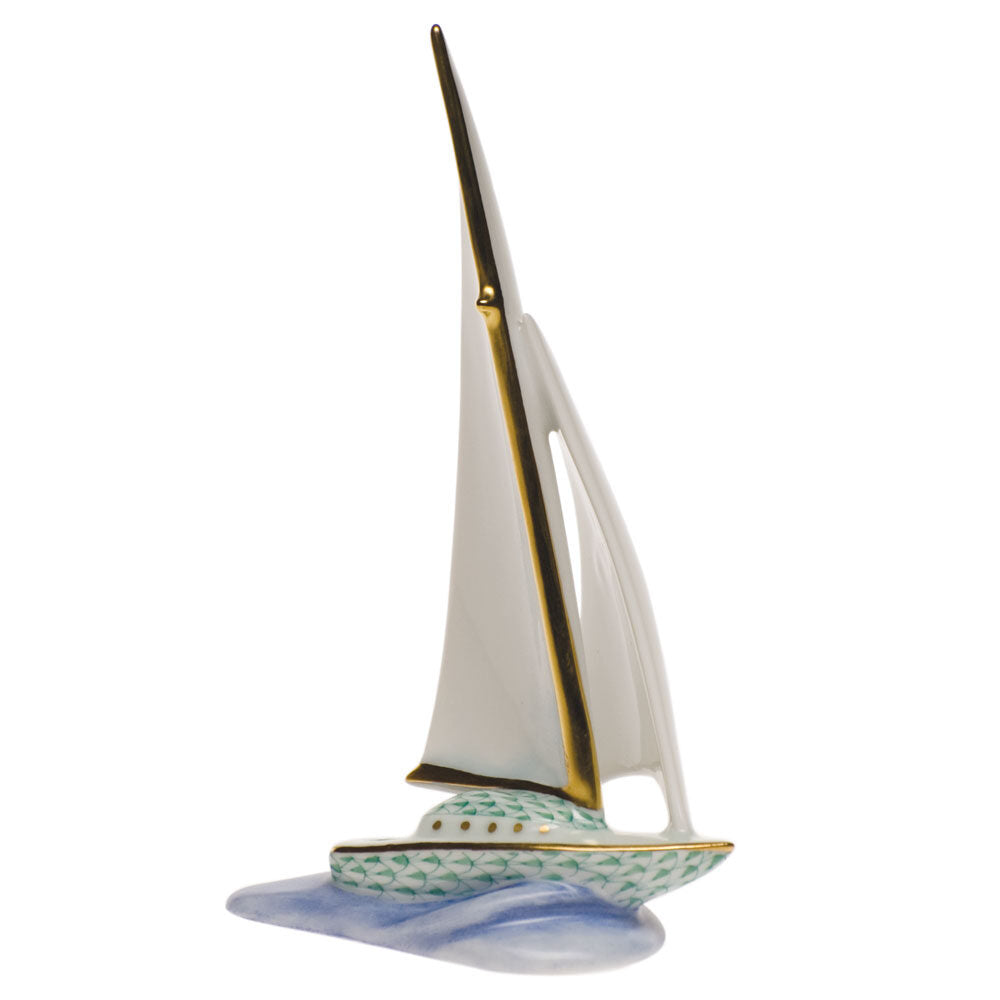 Green fishnet Sailboat Figurine figurine, hand-painted Herend porcelain with 24k gold accents