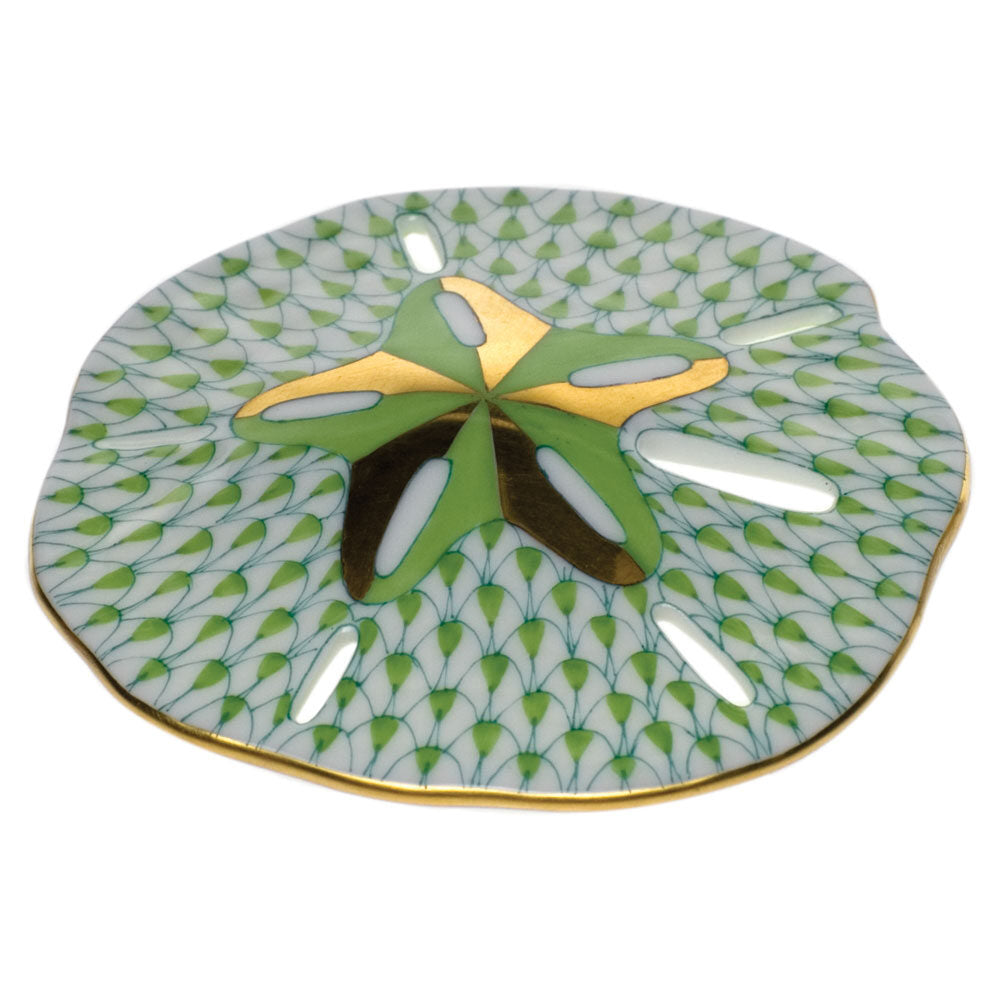 Hand-painted Herend Sand Dollar Figurine in Key Lime fishnet porcelain on a white background