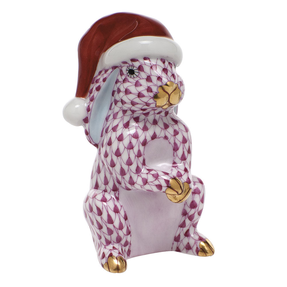 Raspberry fishnet Santa Bunny Figurine figurine, hand-painted Herend porcelain with 24k gold accents