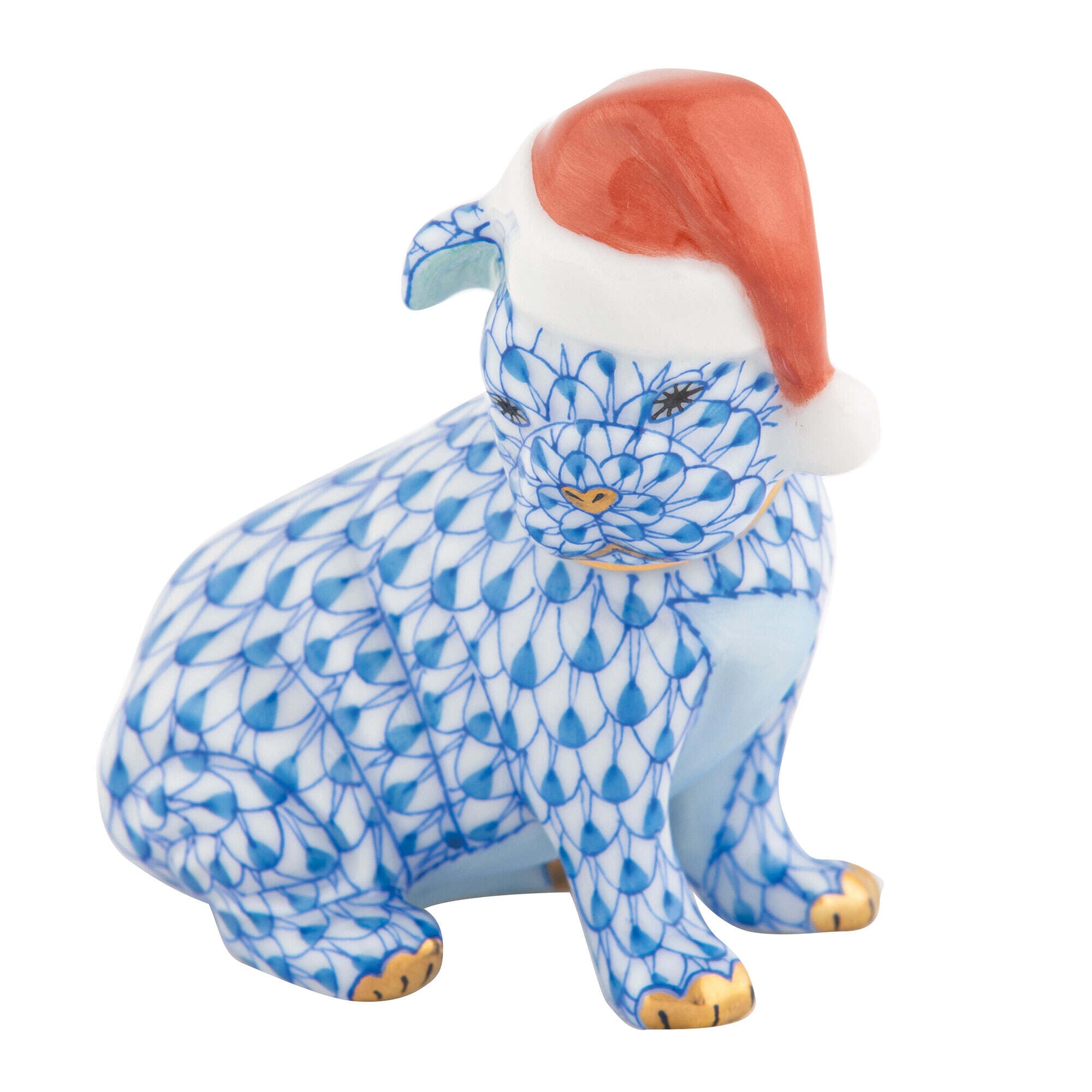 Blue fishnet Santa Puppy Figurine figurine, hand-painted Herend porcelain with 24k gold accents