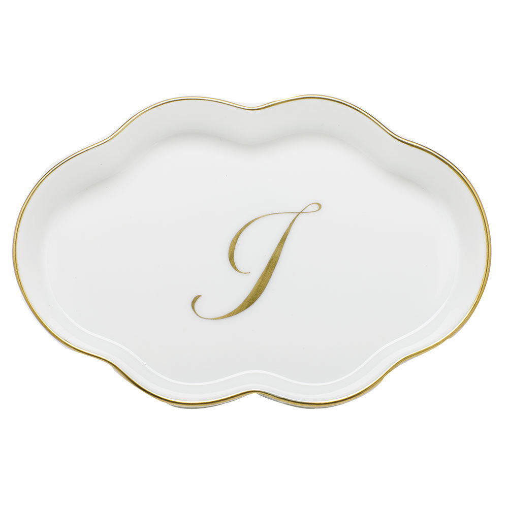 Hand-painted Herend Scalloped Tray with Monogram Decorative Plate in fine porcelain, 5.5in L, on a white background, Monogram I