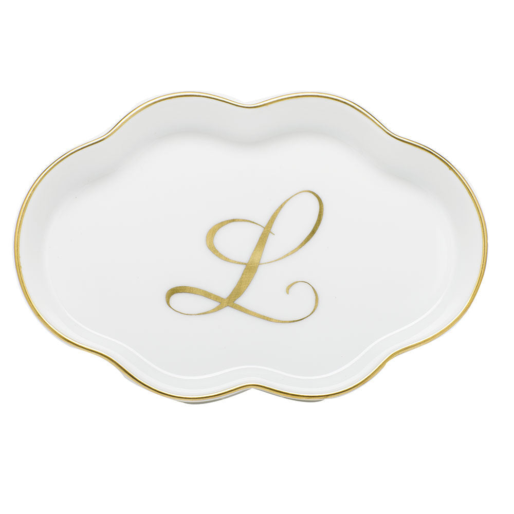 Hand-painted Herend Scalloped Tray with Monogram Decorative Plate in fine porcelain, 5.5in L, on a white background, Monogram L
