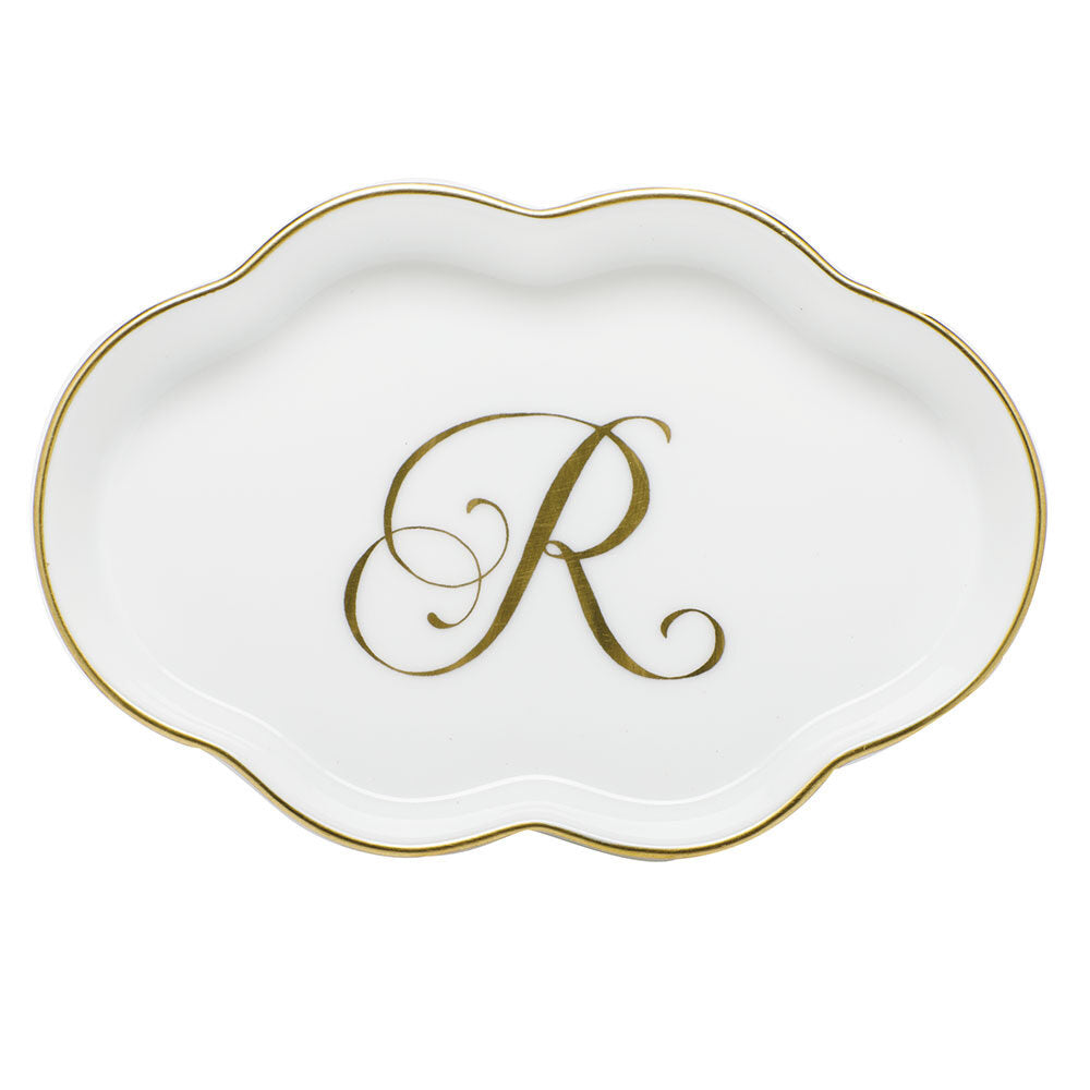 Hand-painted Herend Scalloped Tray with Monogram Decorative Plate in fine porcelain, 5.5in L, on a white background, Monogram R