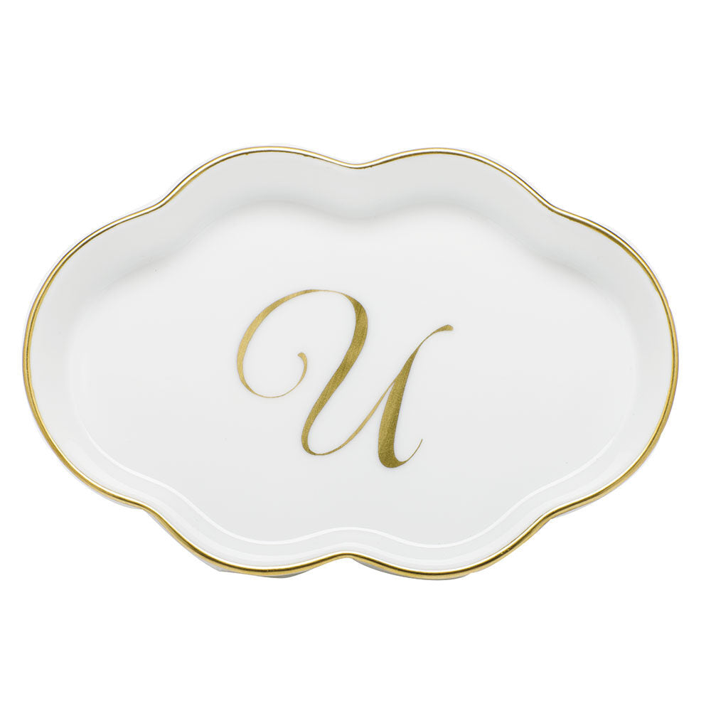 Hand-painted Herend Scalloped Tray with Monogram Decorative Plate in fine porcelain, 5.5in L, on a white background, Monogram U