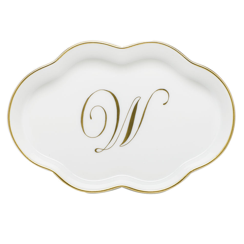 Hand-painted Herend Scalloped Tray with Monogram Decorative Plate in fine porcelain, 5.5in L, on a white background, Monogram W