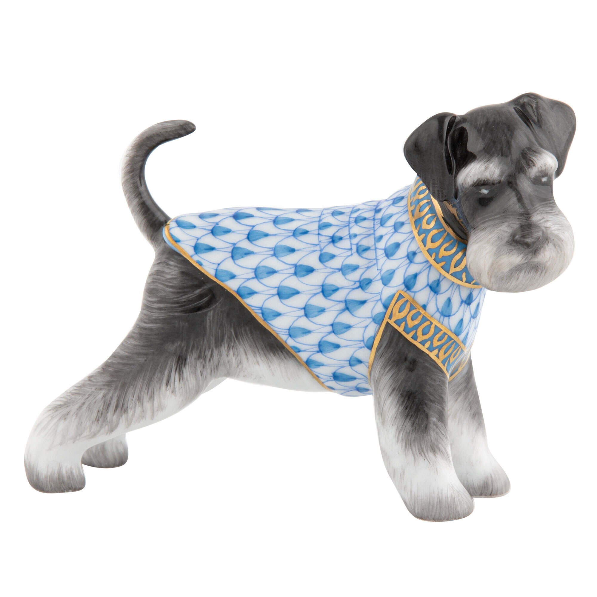 Hand-painted Herend Schnauzer Figurine in Blue fishnet porcelain on a white background