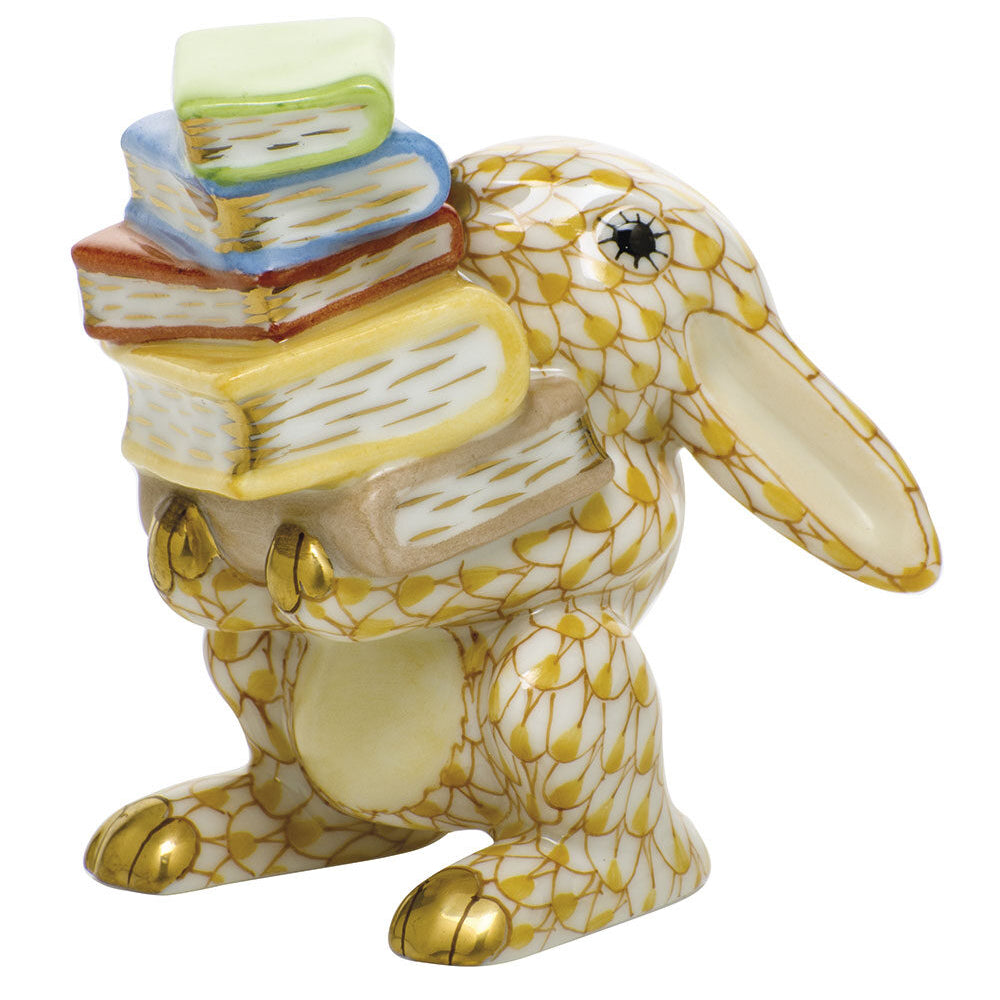 Butterscotch fishnet Scholarly Bunny Figurine figurine, hand-painted Herend porcelain with 24k gold accents