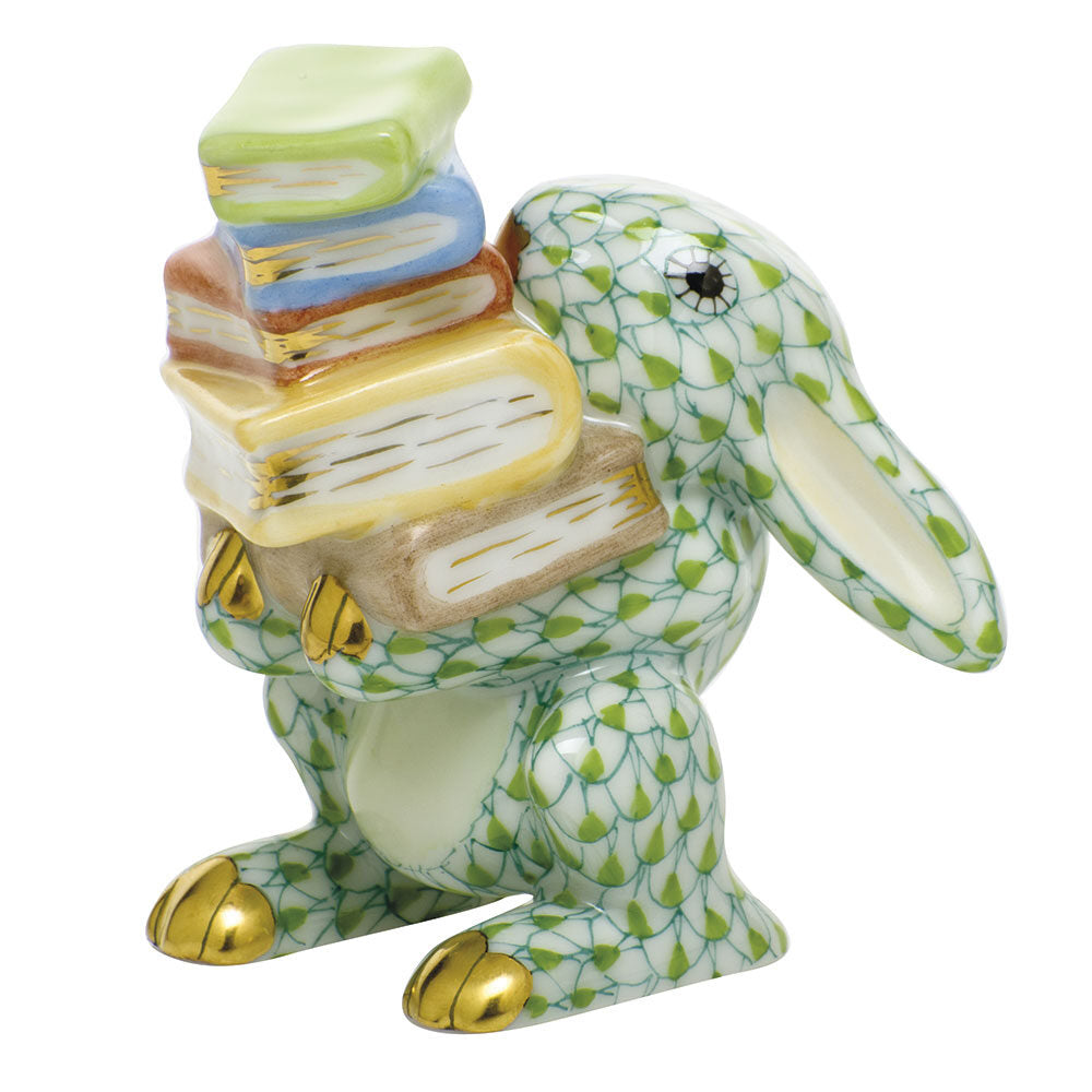 Hand-painted Herend Scholarly Bunny Figurine in Key Lime fishnet porcelain on a white background