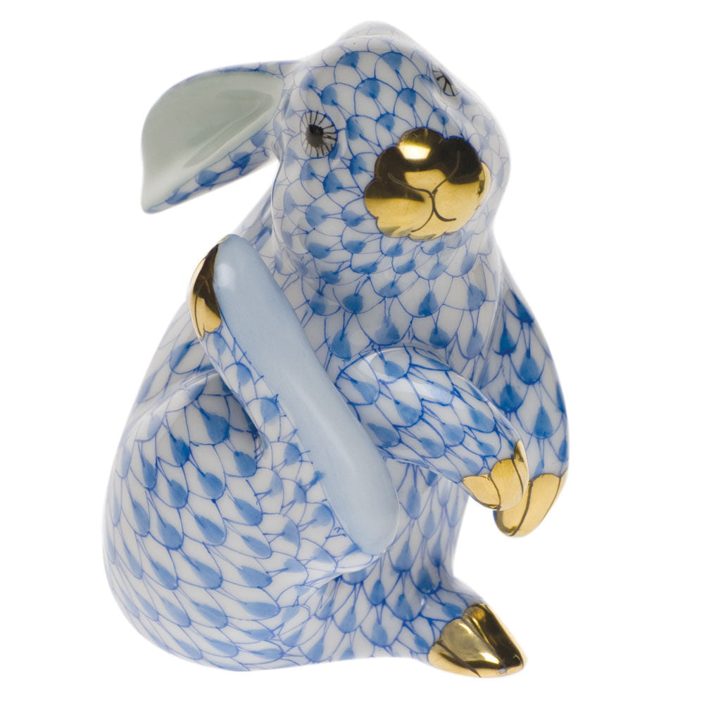 Hand-painted Herend Scratching Bunny Figurine in Blue fishnet porcelain on a white background