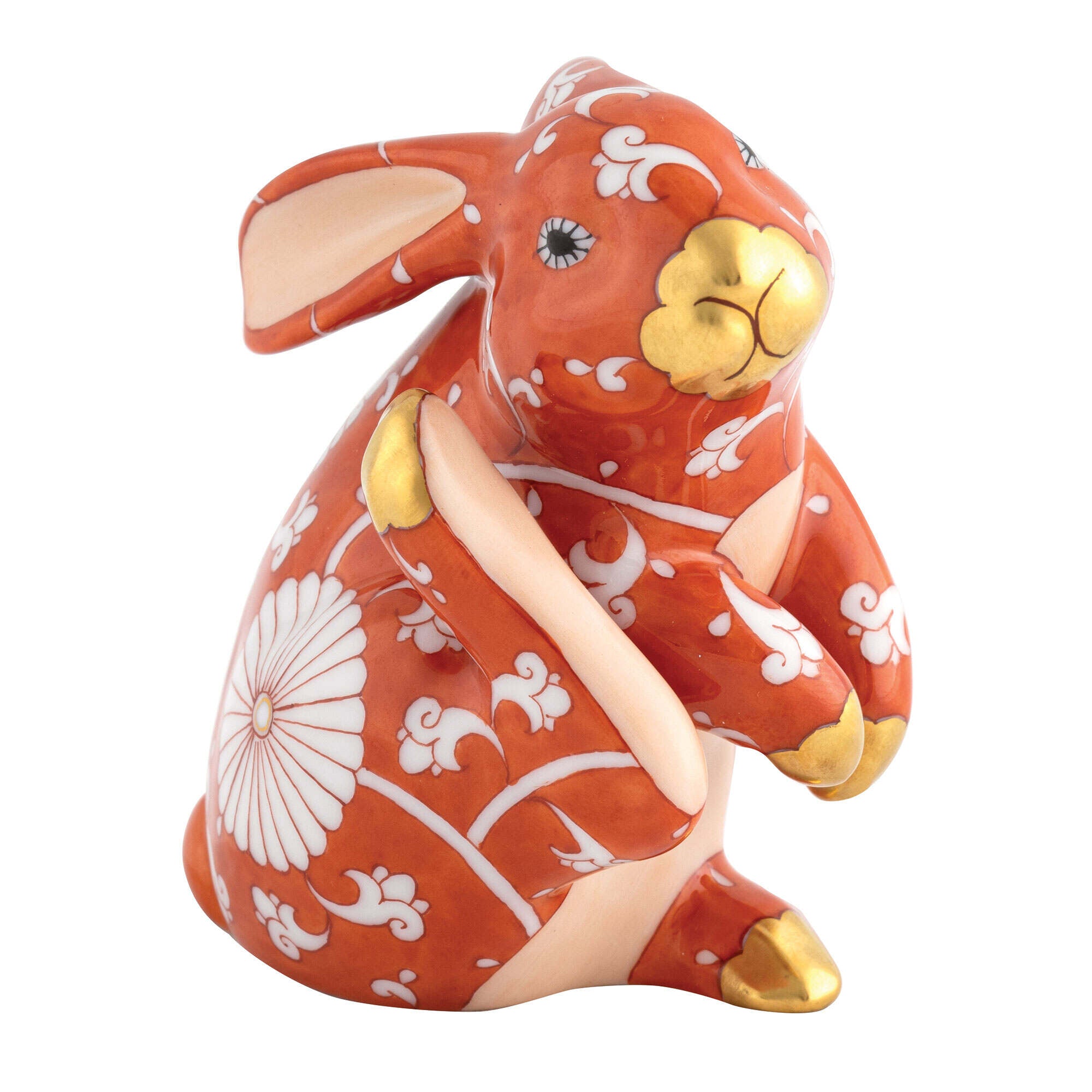 Herend Scratching Bunny Figurine porcelain figurine painted in the Chrysanthemum fishnet pattern