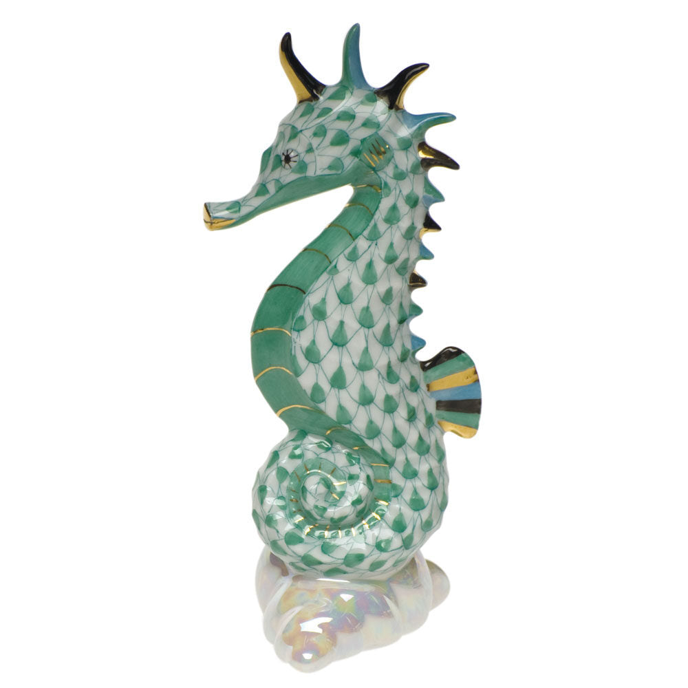 Hand-painted Herend Sea Horse Figurine in Green fishnet porcelain on a white background