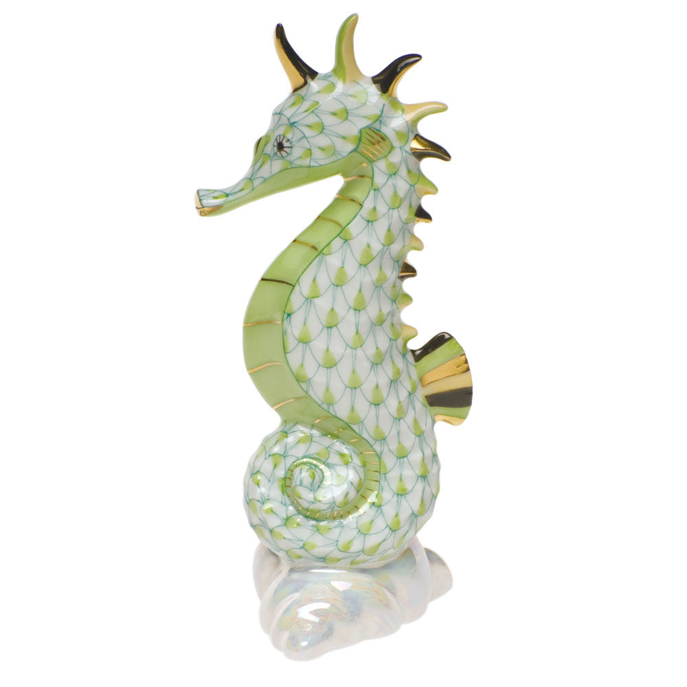 Hand-painted Herend Sea Horse Figurine in Key Lime fishnet porcelain on a white background