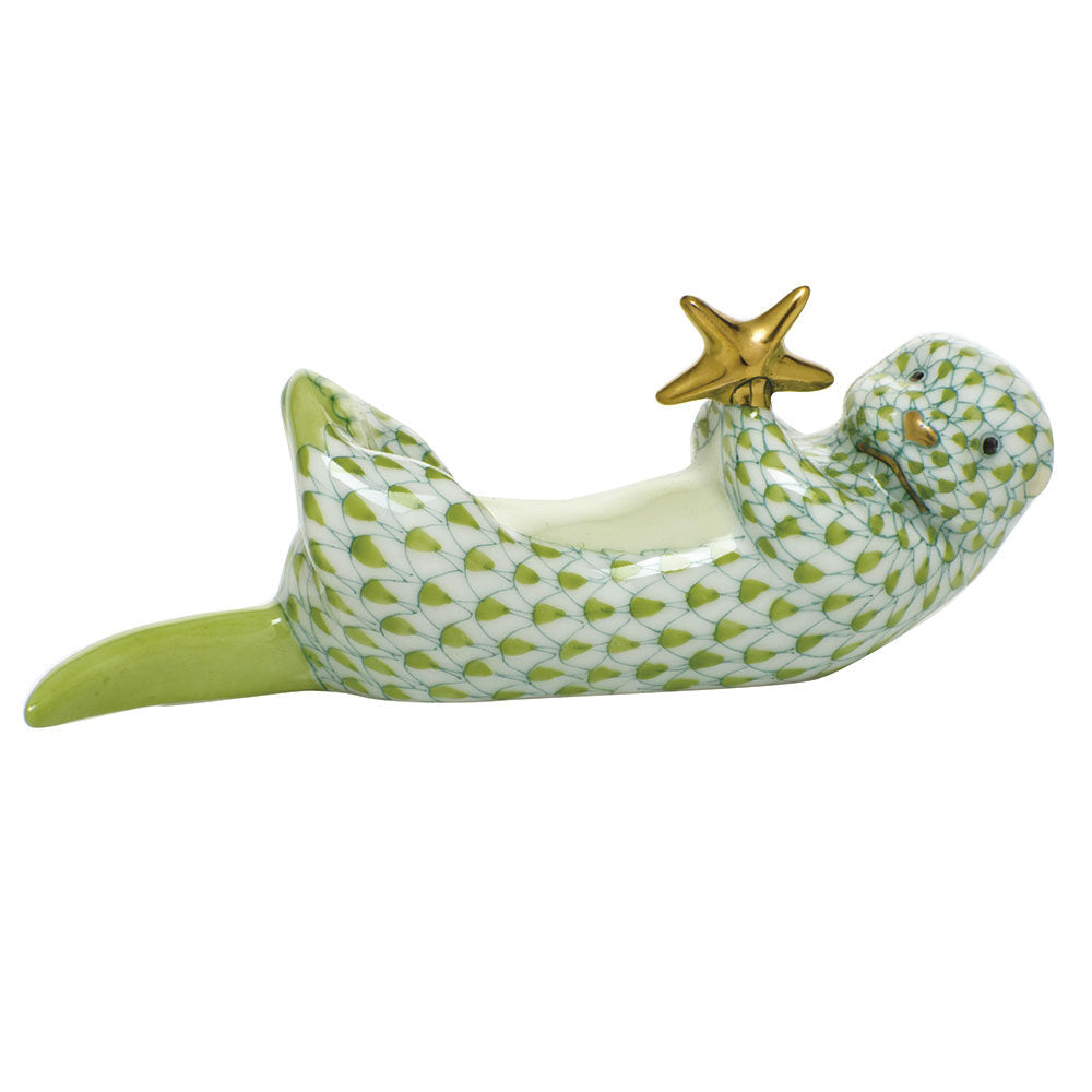 Herend Sea Otter with Starfish Figurine porcelain figurine painted in the Key Lime fishnet pattern