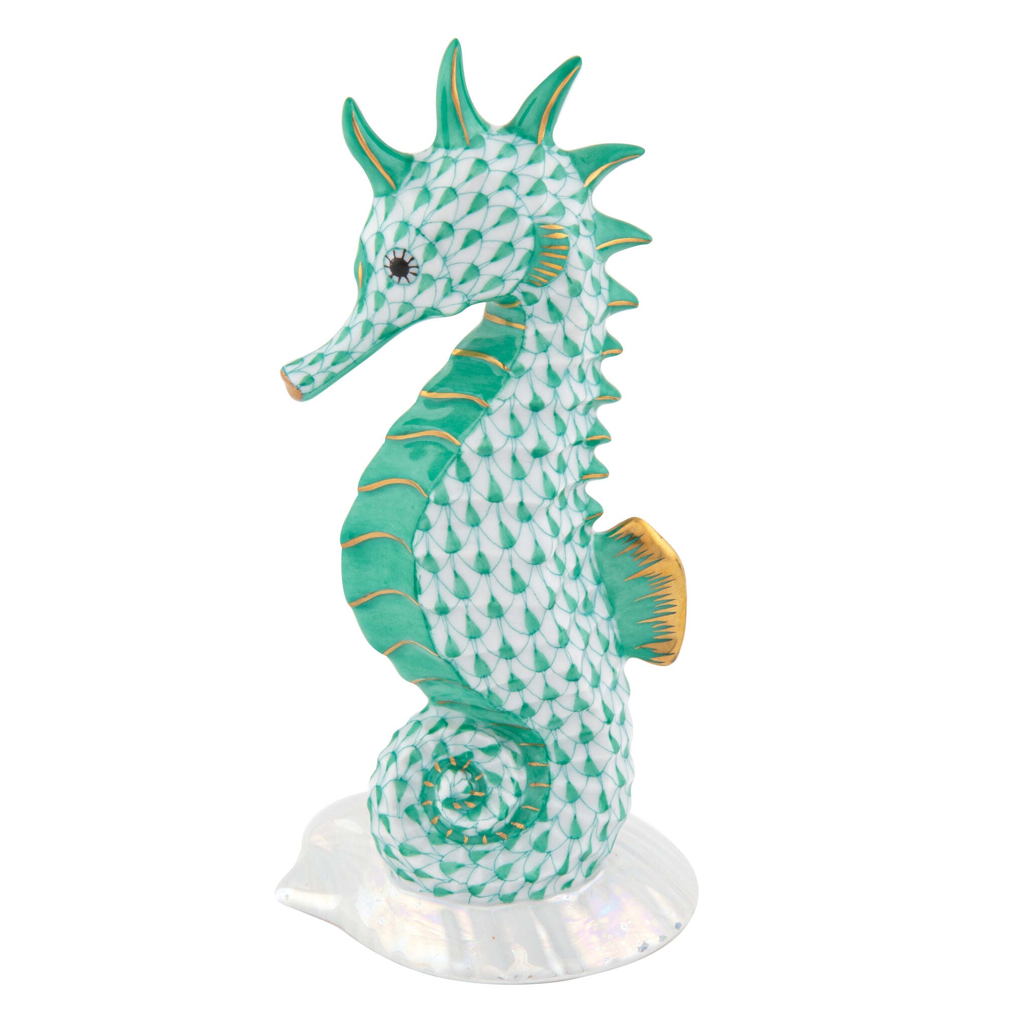 Herend Seahorse on Scallop Shell Figurine porcelain figurine painted in the Green fishnet pattern