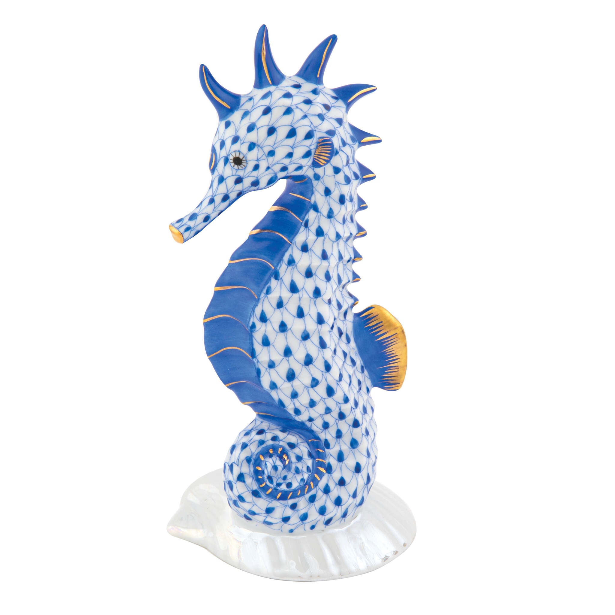 Hand-painted Herend Seahorse on Scallop Shell Figurine in Sapphire fishnet porcelain on a white background