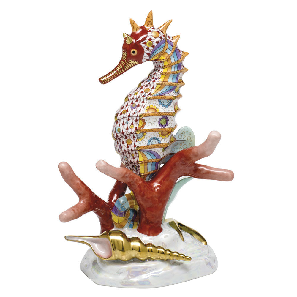 Hand-painted Herend Seahorse Figurine in fine porcelain, 5.75in L X 8.75in H, on a white background
