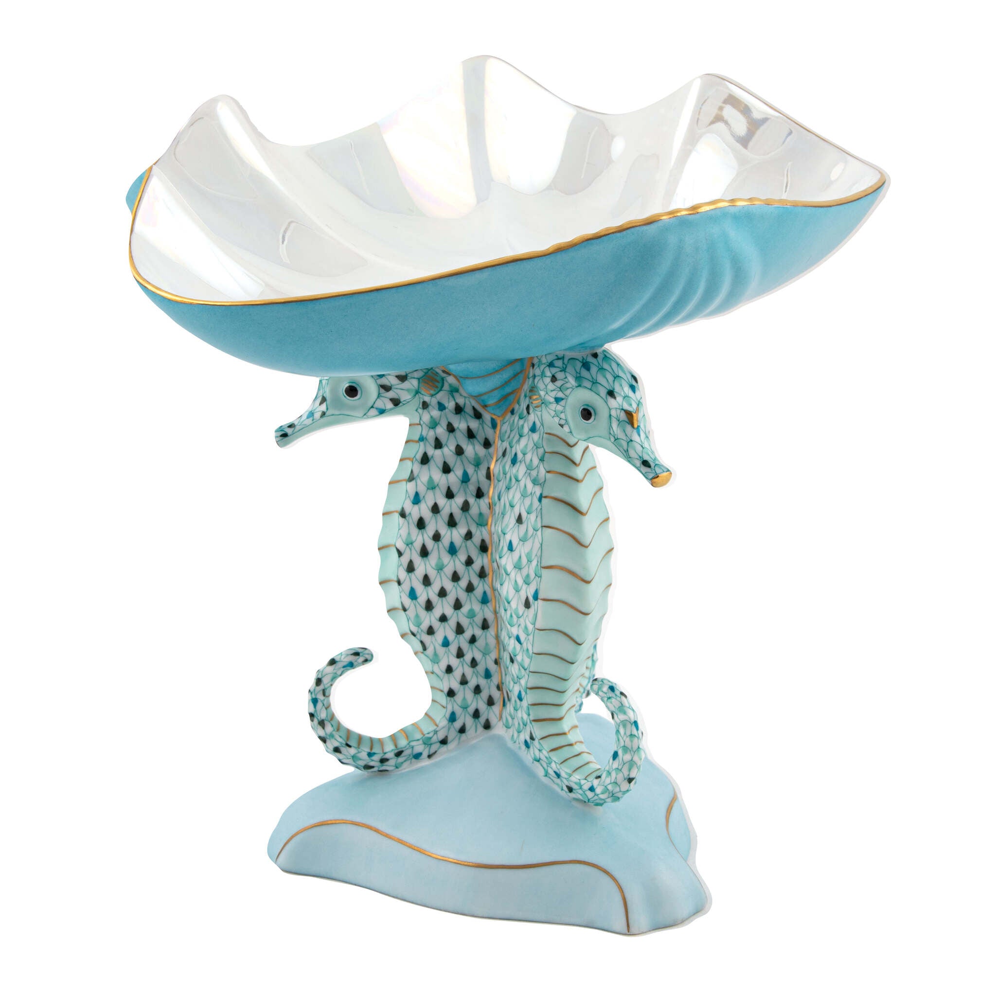 Hand-painted Herend Seahorse Shell Compote Figurine in fine porcelain, 9.5in L X 7.75in W X 8.5in H, on a white background