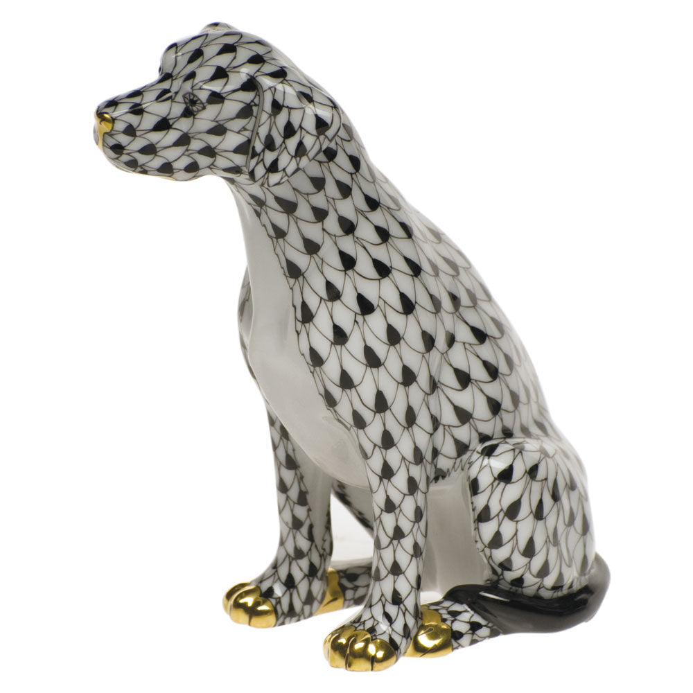 Herend Seated Dog Figurine porcelain figurine painted in the Black fishnet pattern