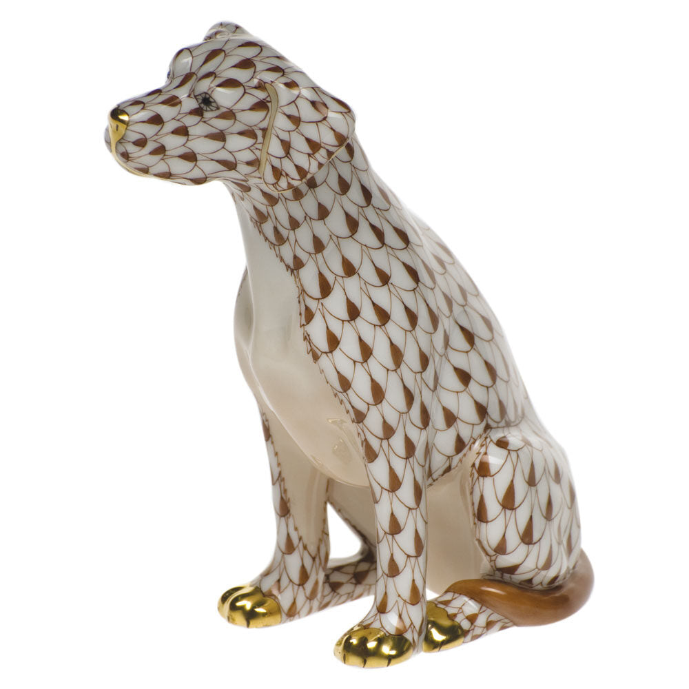 Hand-painted Herend Seated Dog Figurine in Chocolate fishnet porcelain on a white background