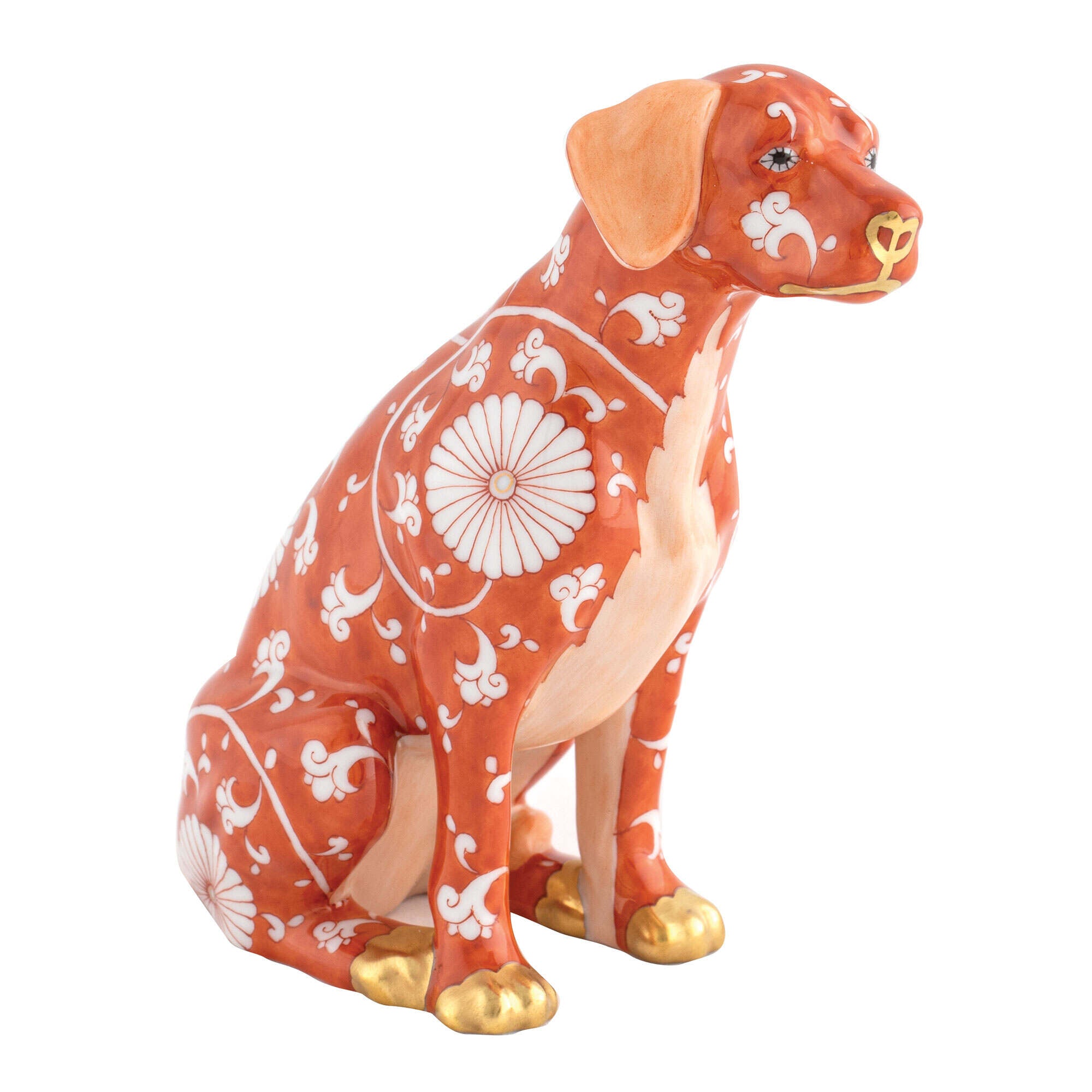 Hand-painted Herend Seated Dog Figurine in Chrysanthemum fishnet porcelain on a white background