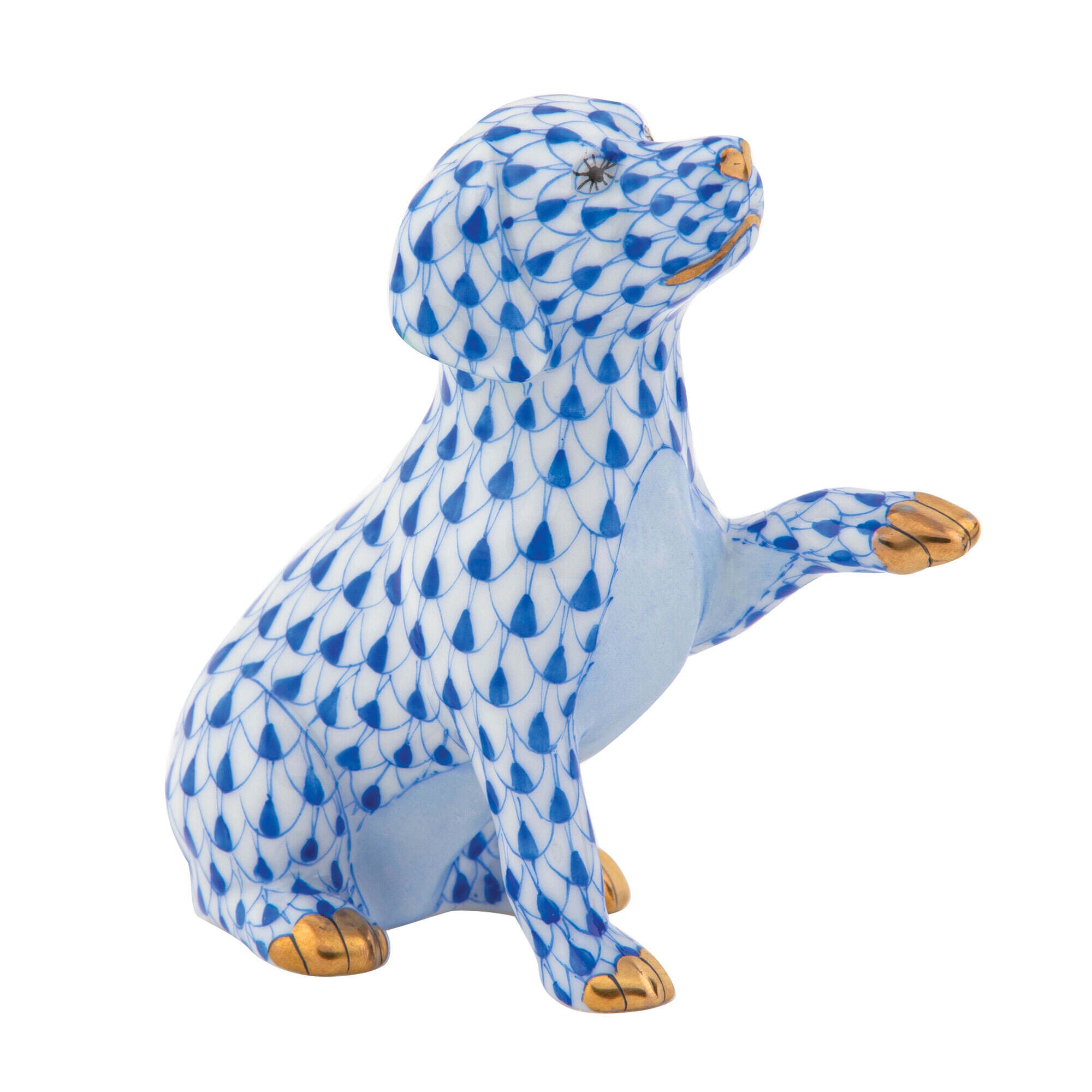 Hand-painted Herend Shaking Hands Figurine in Sapphire fishnet porcelain on a white background