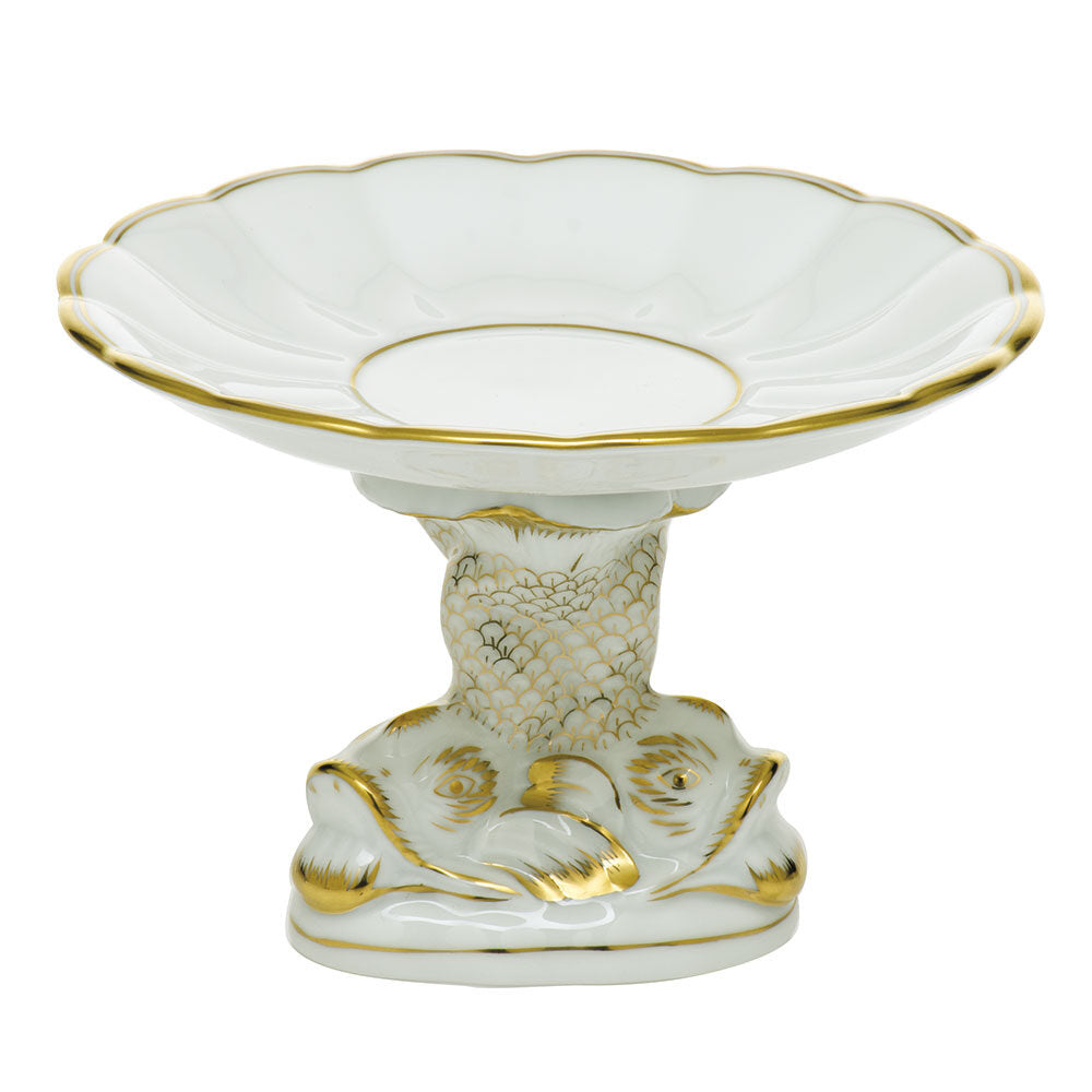 Gold fishnet Shell with Dolphin Stand Candy Dish figurine, hand-painted Herend porcelain with 24k gold accents