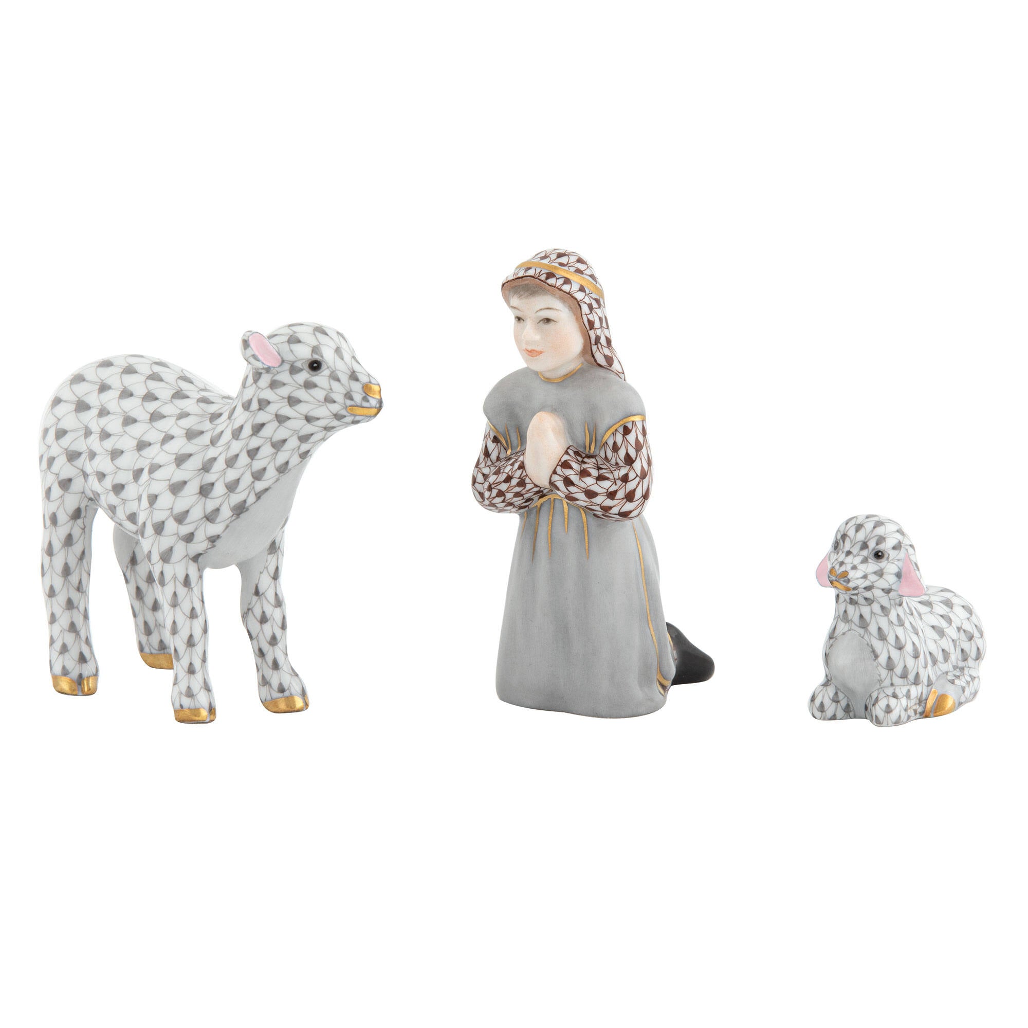 Hand-painted Herend Shepherd Boy and Lambs Figurine in fine porcelain, on a white background