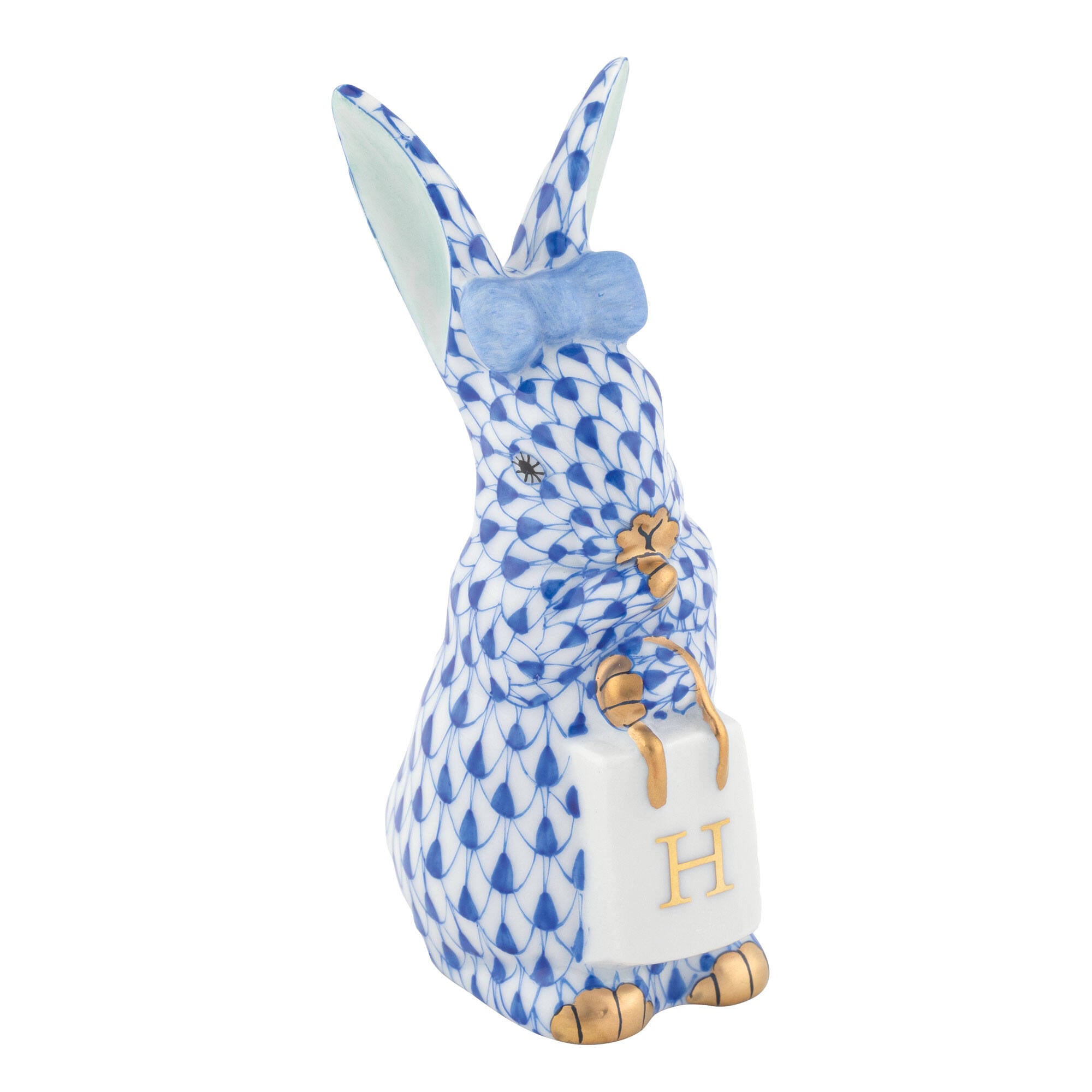 Sapphire fishnet Shopping Bunny Figurine figurine, hand-painted Herend porcelain with 24k gold accents