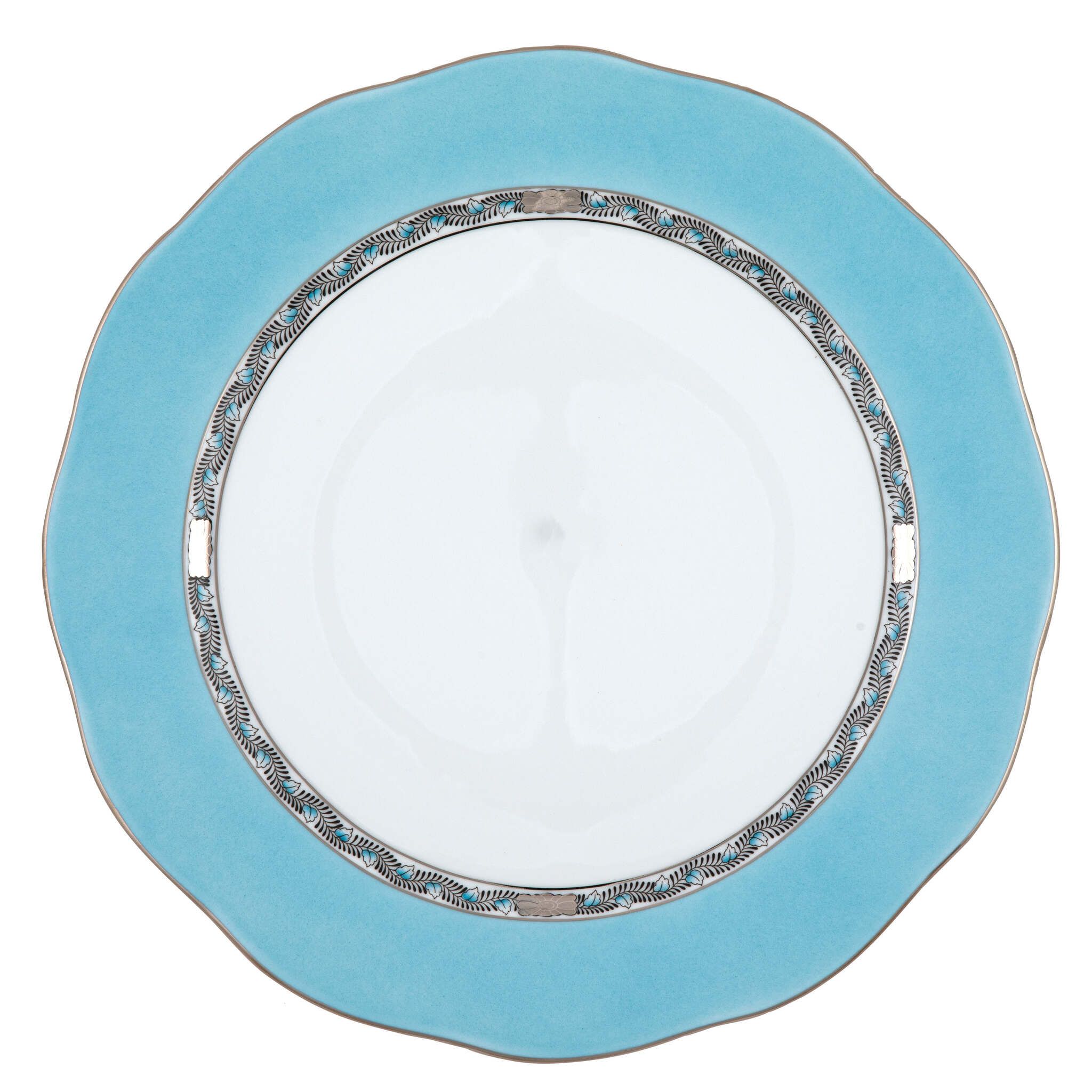 Hand-painted Herend Silk Ribbon - Turquoise Platinum Charger Charger & Service Plate in fine porcelain, 12in D, on a white background