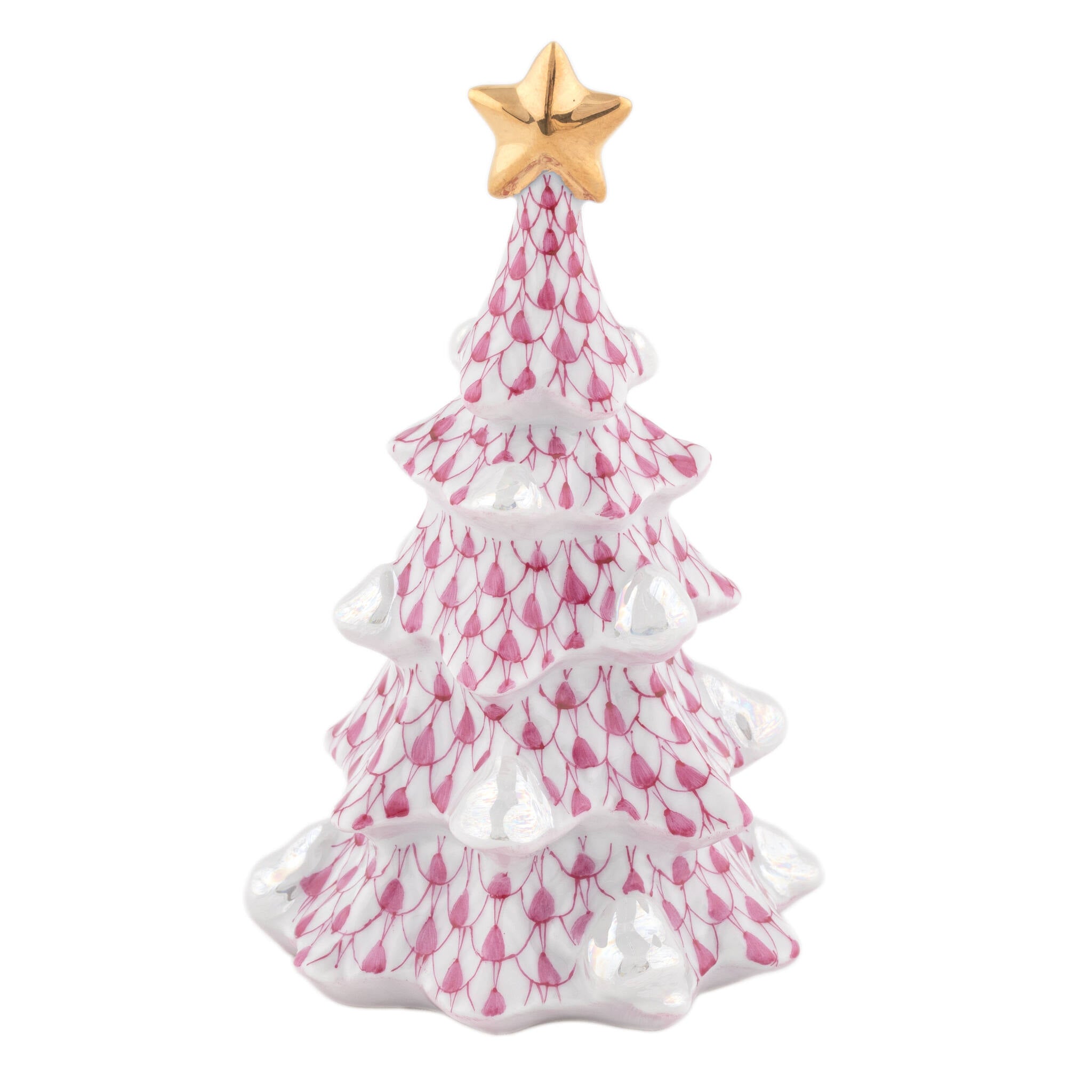 Hand-painted Herend Simple Christmas Tree Figurine in Raspberry fishnet porcelain on a white background