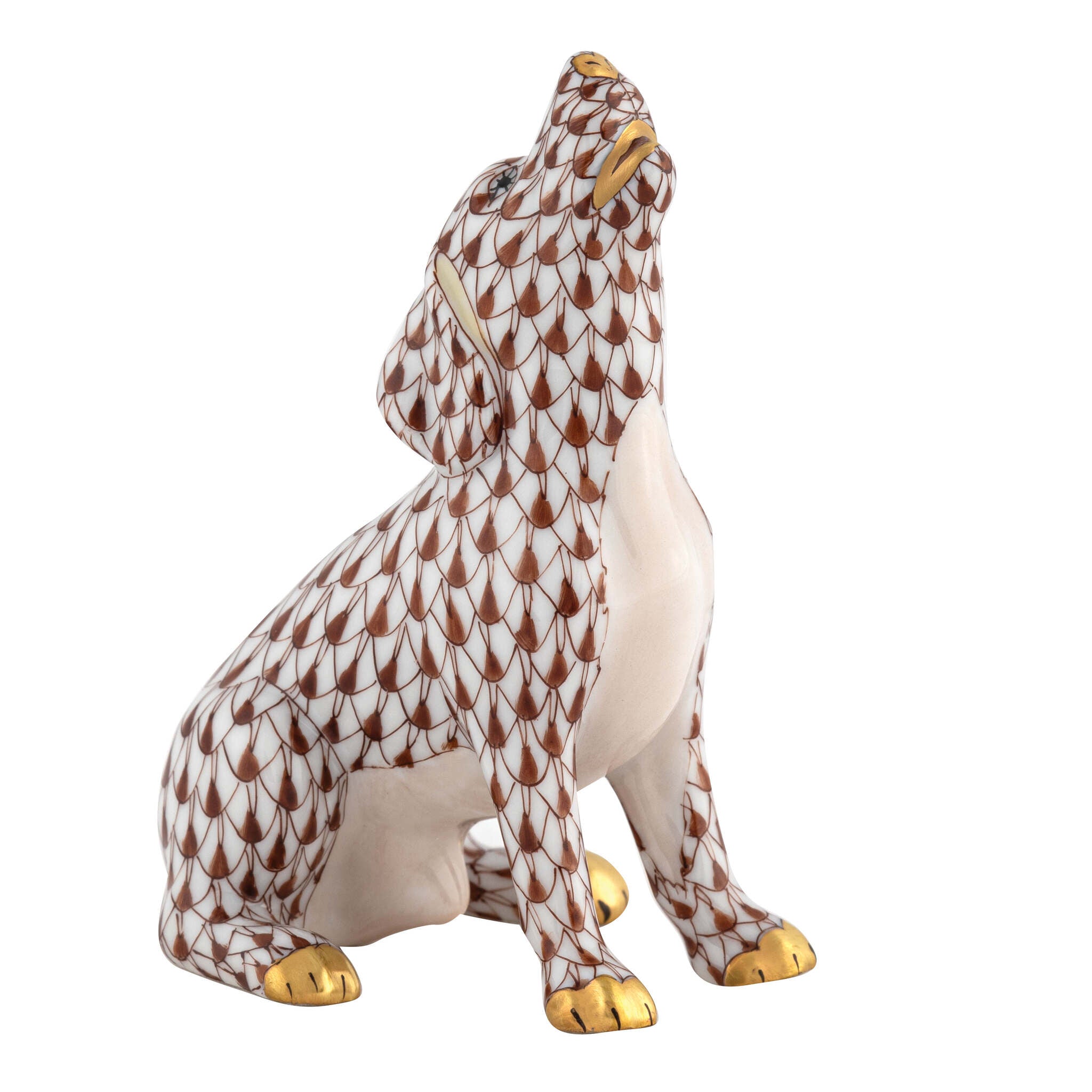Chocolate fishnet Singing Beagle Figurine figurine, hand-painted Herend porcelain with 24k gold accents