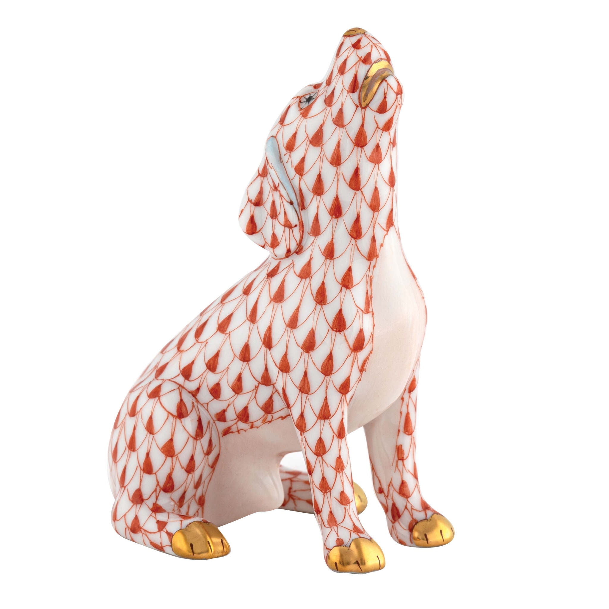 Herend Singing Beagle Figurine porcelain figurine painted in the Rust fishnet pattern