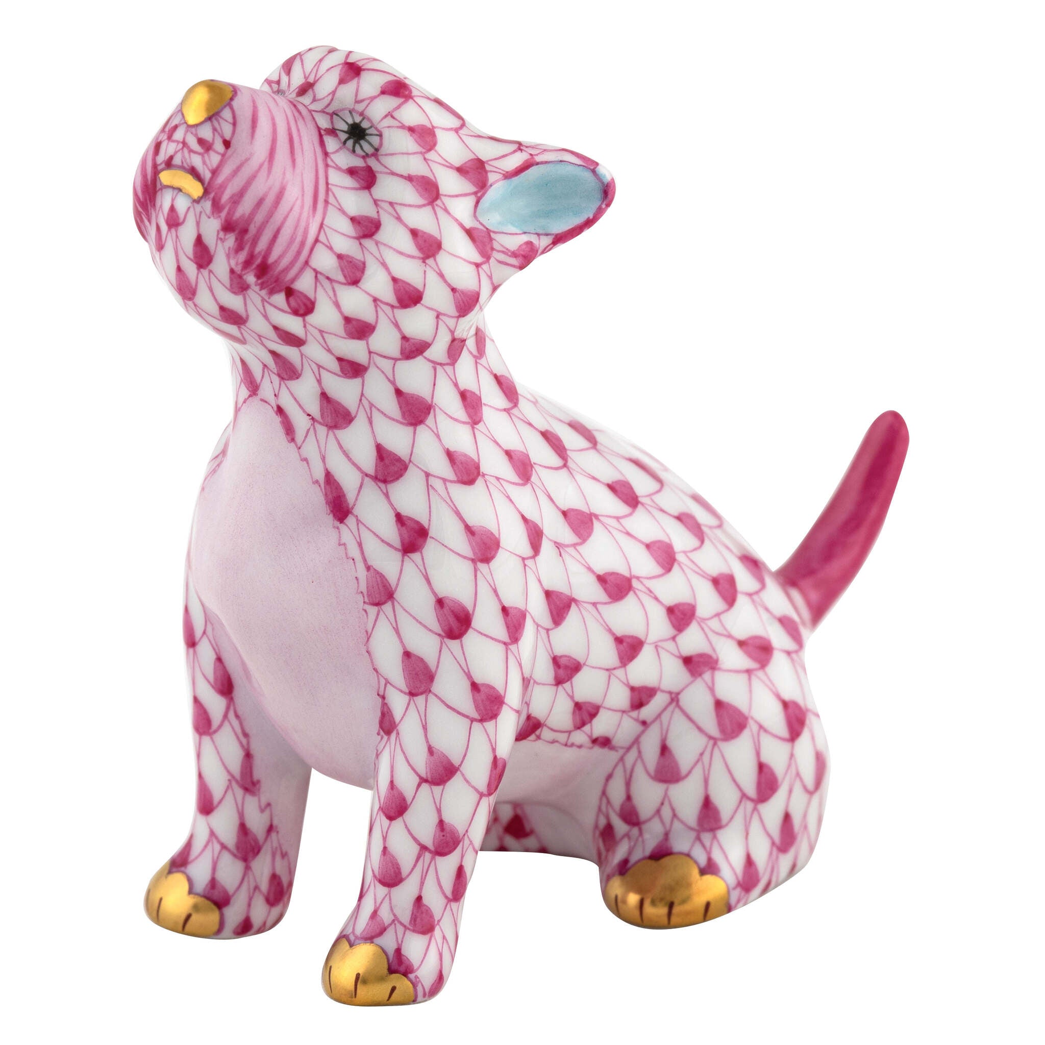 Hand-painted Herend Singing Westie Figurine in Raspberry fishnet porcelain on a white background