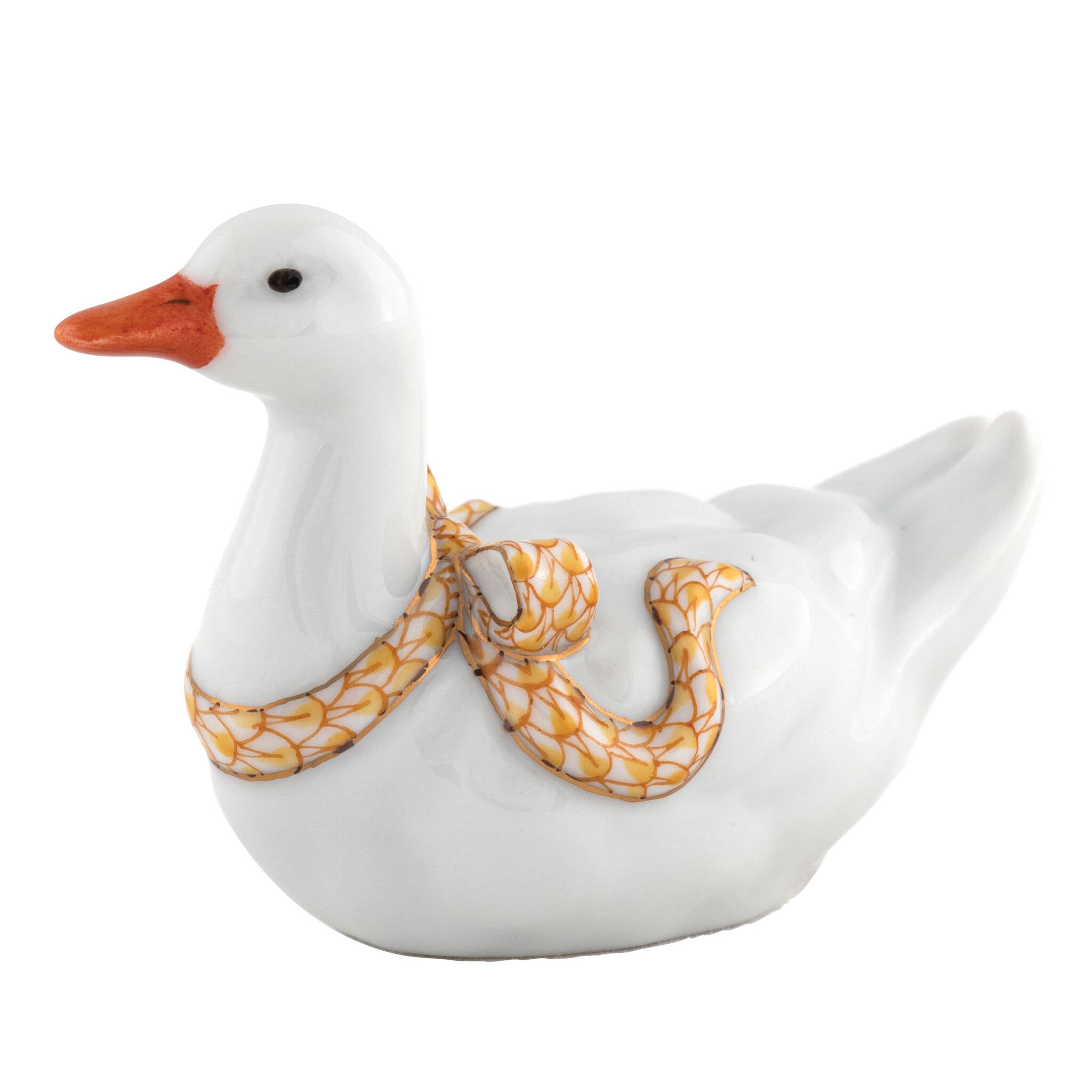 Herend Sitting Duck Figurine porcelain figurine painted in the Butterscotch fishnet pattern