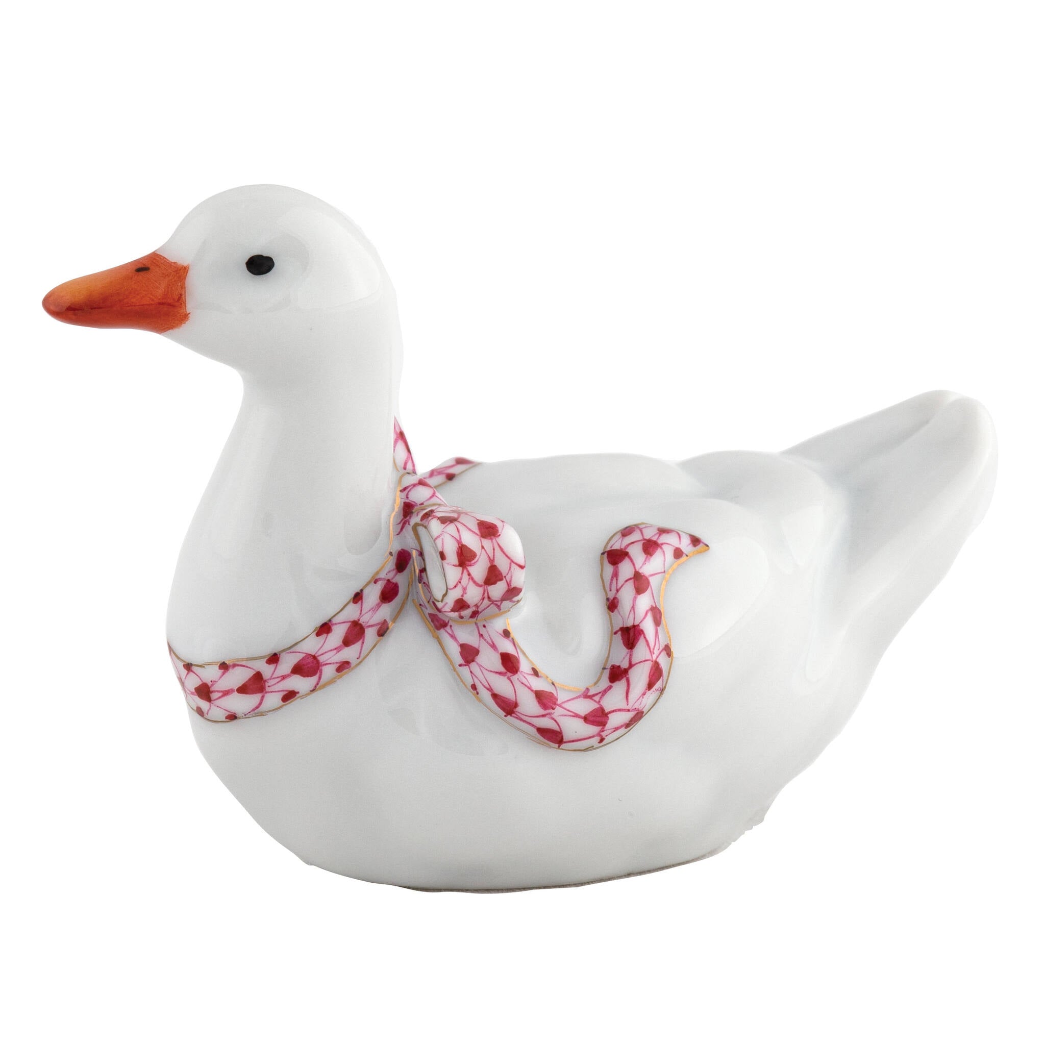 Herend Sitting Duck Figurine porcelain figurine painted in the Raspberry fishnet pattern