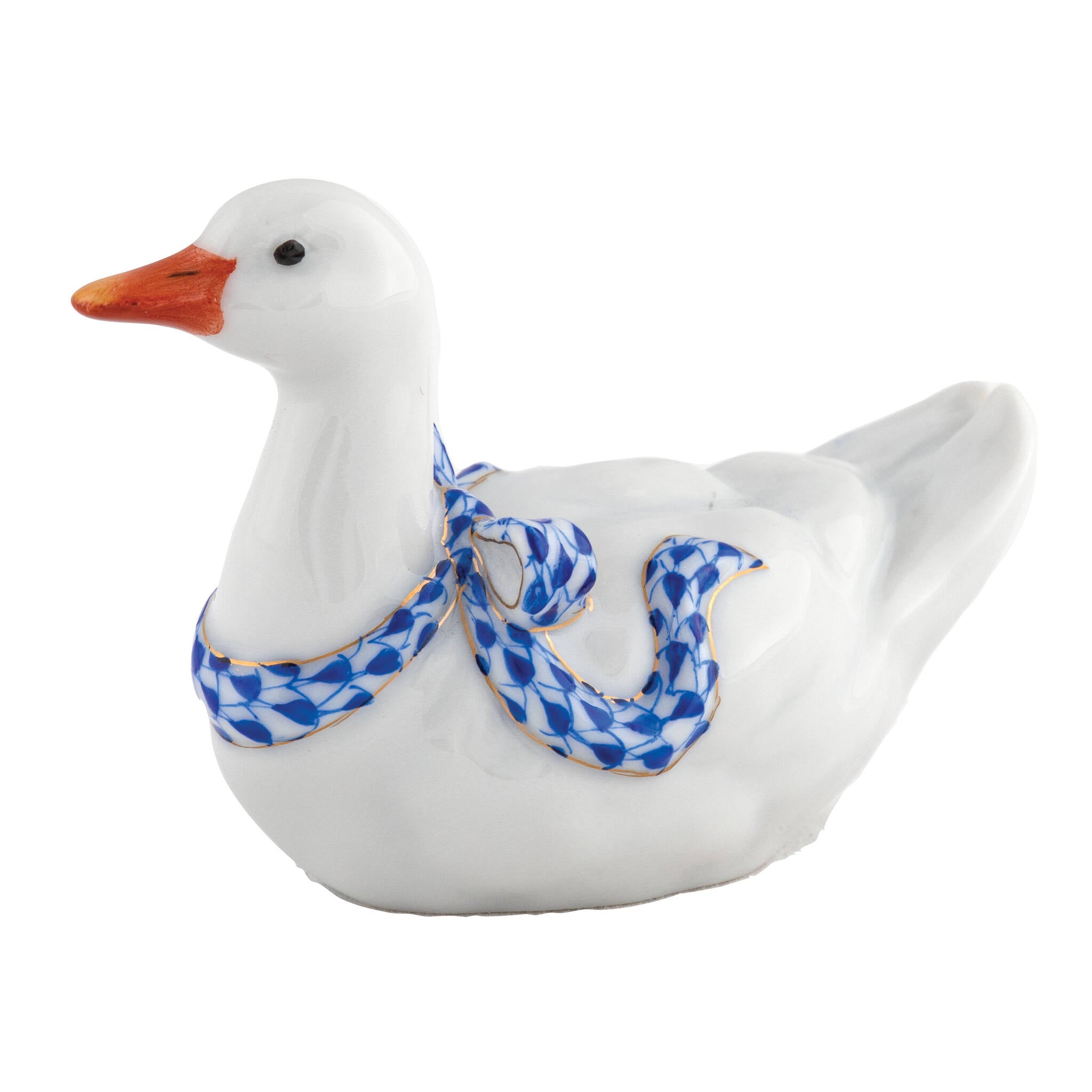 Herend Sitting Duck Figurine porcelain figurine painted in the Sapphire fishnet pattern