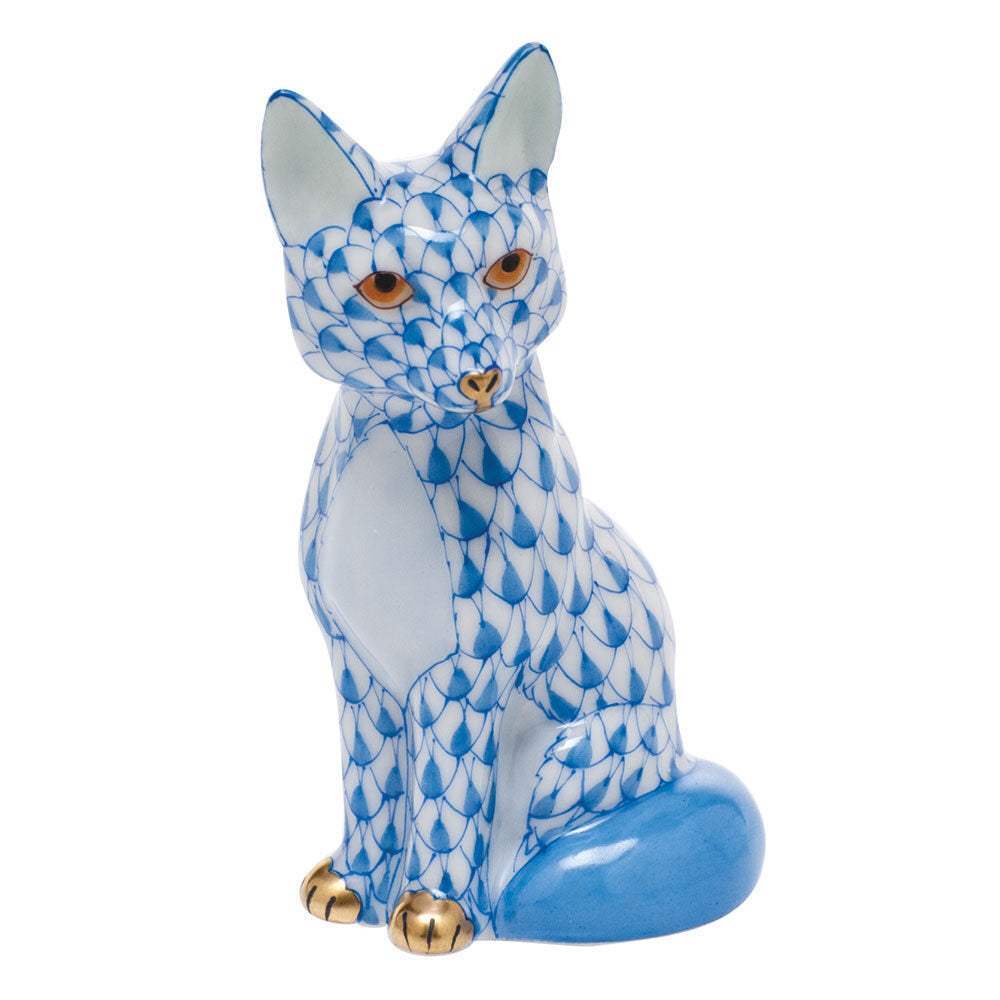 Herend Sitting Fox Figurine porcelain figurine painted in the Blue fishnet pattern