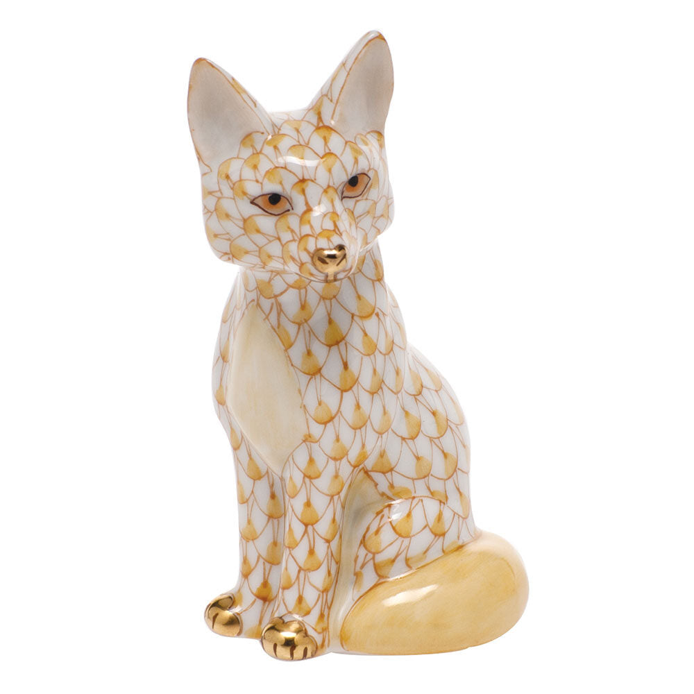 Herend Sitting Fox Figurine porcelain figurine painted in the Butterscotch fishnet pattern