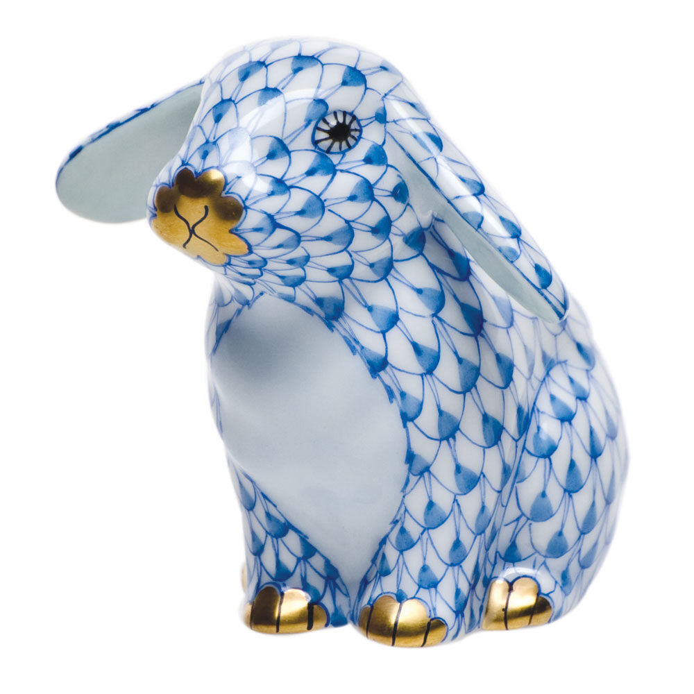 Blue fishnet Sitting Lop Ear Bunny Figurine figurine, hand-painted Herend porcelain with 24k gold accents