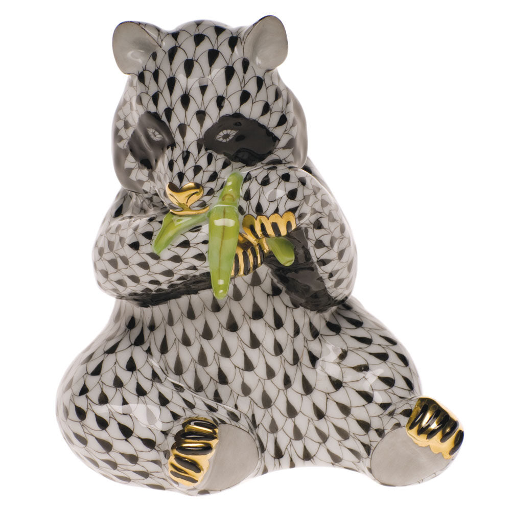 Hand-painted Herend Sitting Panda Figurine in fine porcelain, 3.5in L X 5in H, on a white background